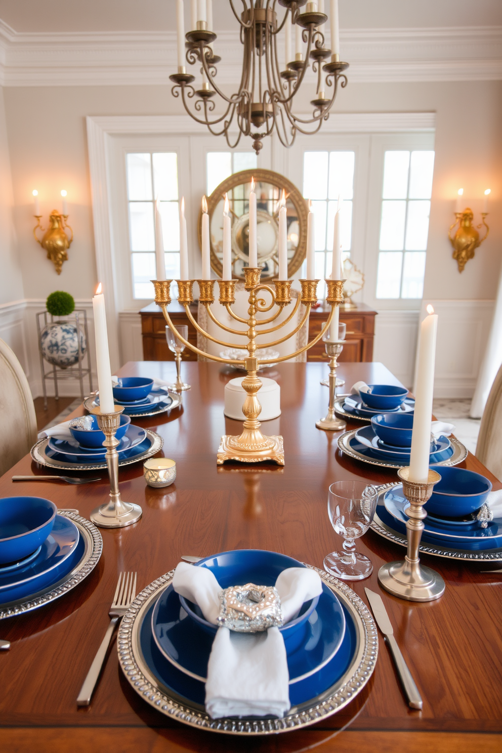 A stunning dining room adorned for Hanukkah features a beautiful gold and silver menorah as the centerpiece on a polished wooden table. Surrounding the menorah are elegant place settings with blue and white dinnerware, complemented by shimmering silver napkin rings and decorative candles.