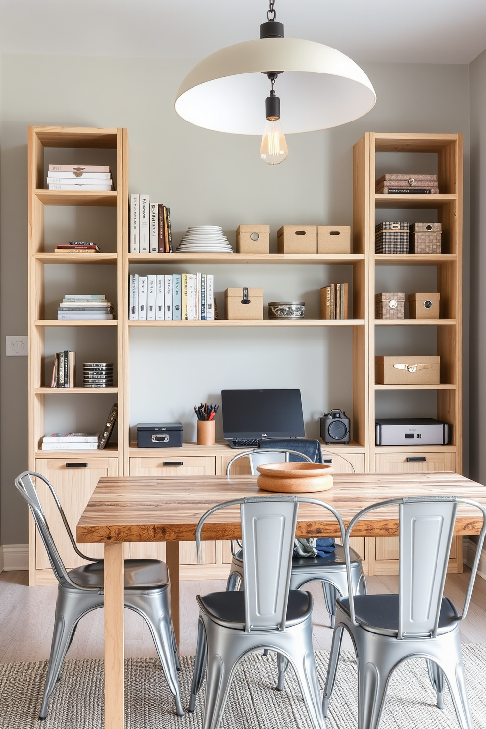 Open shelving unit made of light wood displaying neatly organized office supplies such as notebooks, pens, and decorative boxes. The shelving is positioned against a soft gray wall, creating a clean and functional workspace. A dining table made of reclaimed wood is paired with modern metal chairs, offering a stylish contrast. Above the table, a statement light fixture adds warmth and character to the combined dining and office space.