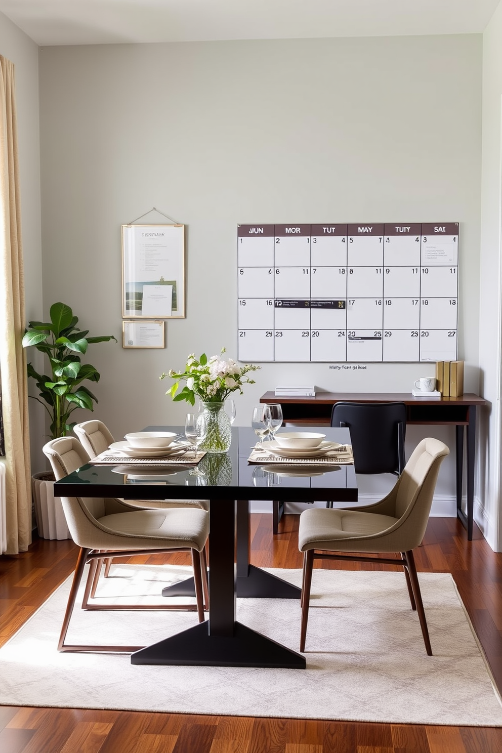 Create a multifunctional dining room office combo that features a large wall calendar as a focal point for organization. The space includes a stylish dining table with comfortable chairs and a sleek desk that blends seamlessly into the design, allowing for both dining and work activities.