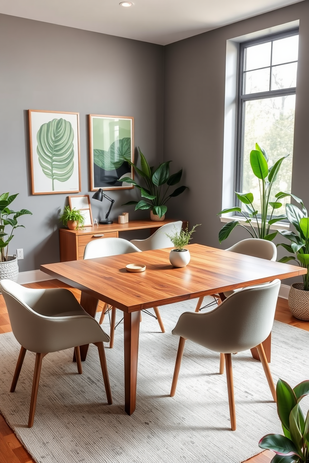 A modern dining room office combo with a sleek wooden table that comfortably seats six. The walls are painted in a soft gray, complemented by vibrant green accents through plants and artwork that inspire productivity. In one corner, a stylish desk with a minimalist design is paired with an ergonomic chair. Large windows allow natural light to flood the space, enhancing the warm ambiance created by warm wood tones and soft textiles.