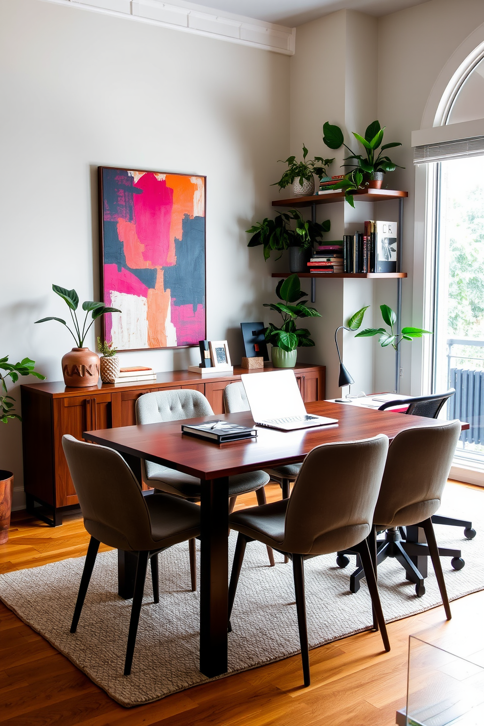 A dining room office combo that inspires creativity. The space features a sleek wooden dining table surrounded by modern upholstered chairs, complemented by a vibrant abstract painting on the wall. In one corner, a stylish desk with a comfortable ergonomic chair is positioned to take advantage of natural light from a large window. The room is adorned with lush indoor plants and decorative shelves filled with inspiring books and art pieces.