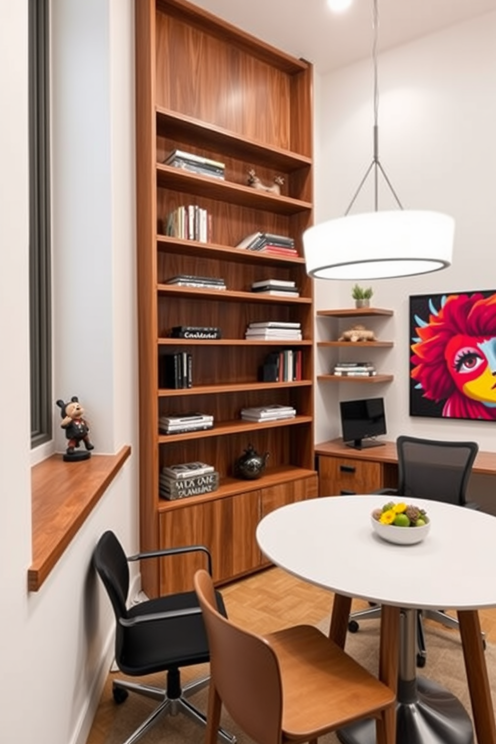 Maximize vertical space with wall shelves in a dining room office combo. The design features sleek wooden shelves that stretch from floor to ceiling, displaying books and decorative items, while a modern dining table sits beneath an elegant pendant light. Incorporate a multifunctional desk that blends seamlessly with the dining area. The office space is adorned with a stylish ergonomic chair and a vibrant piece of artwork that adds character to the room.