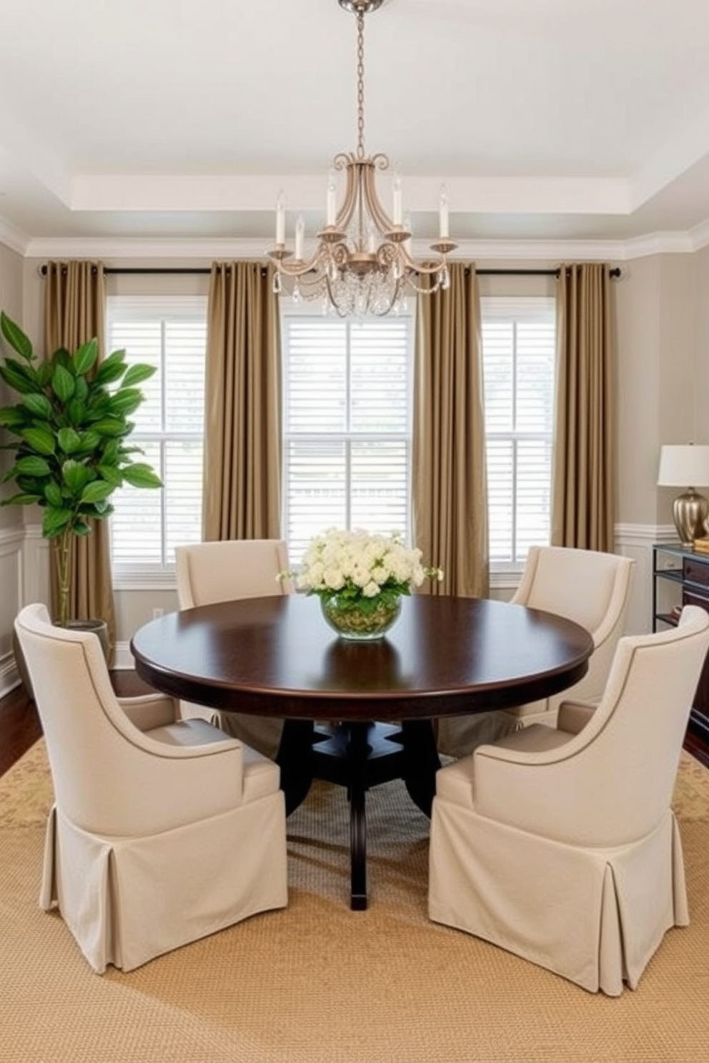 Choose a round table to enhance the flow and create an inviting atmosphere in your dining room office combo. Surround the table with comfortable chairs that complement the overall design and encourage conversation during meals and meetings. Incorporate a stylish chandelier or pendant light above the table to serve as a focal point and add elegance to the space. Use a neutral color palette for the walls and furnishings, accented with pops of color through artwork or decorative accessories.