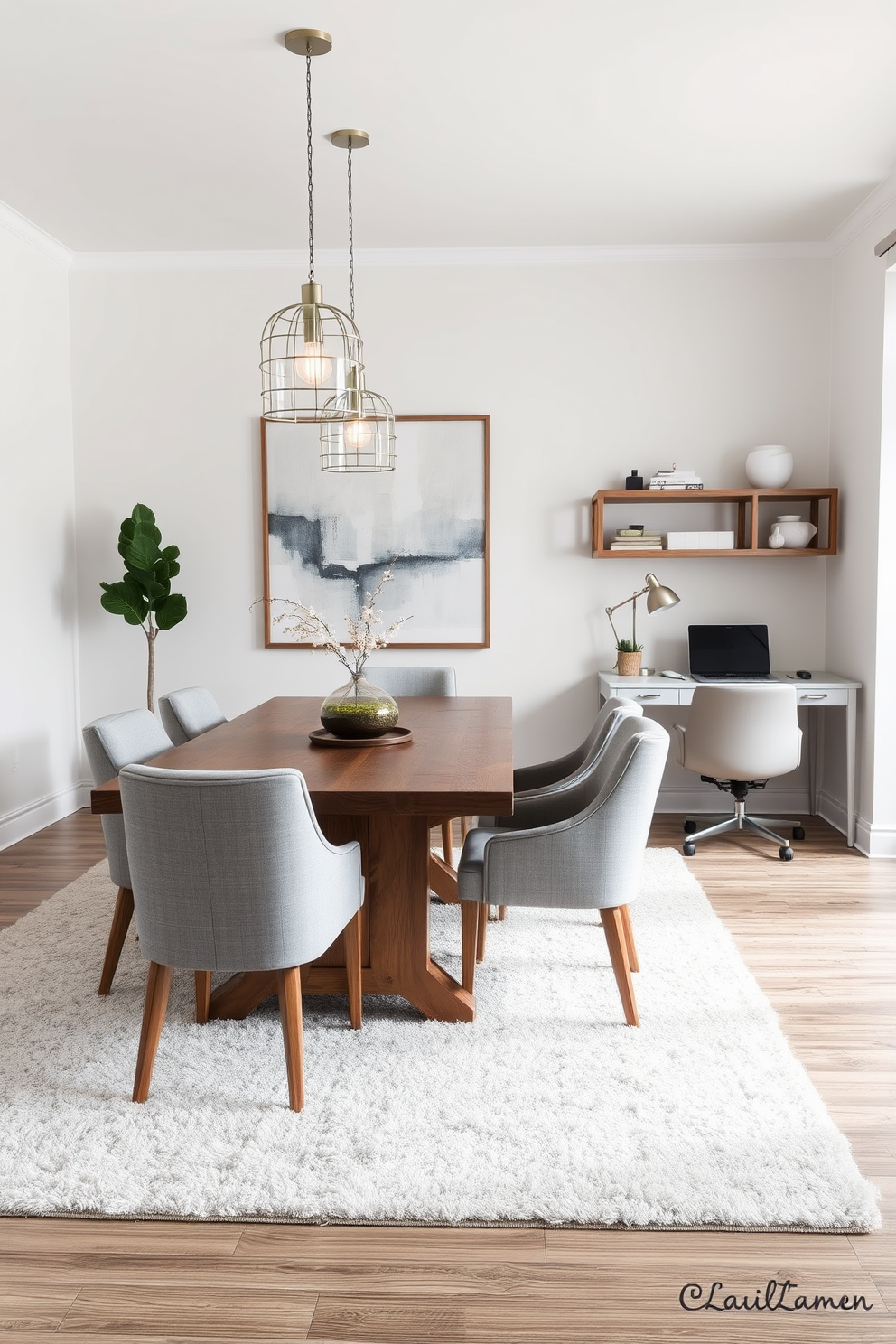 A stylish dining room office combo that seamlessly blends functionality and elegance. The dining table, made of reclaimed wood, is surrounded by upholstered chairs in a soft gray fabric. Decorative pendant lights hang above the table, adding warmth and sophistication to the space. A sleek desk is positioned against the wall, featuring a minimalist design with clean lines and a matching chair. The walls are painted in a light neutral tone, creating an airy atmosphere. A large piece of abstract art adds a pop of color, while a potted plant in the corner brings in a touch of nature. The floor is adorned with a plush area rug that defines the dining area, enhancing comfort. Shelves above the desk display curated decor items, blending personal style with professional appeal.