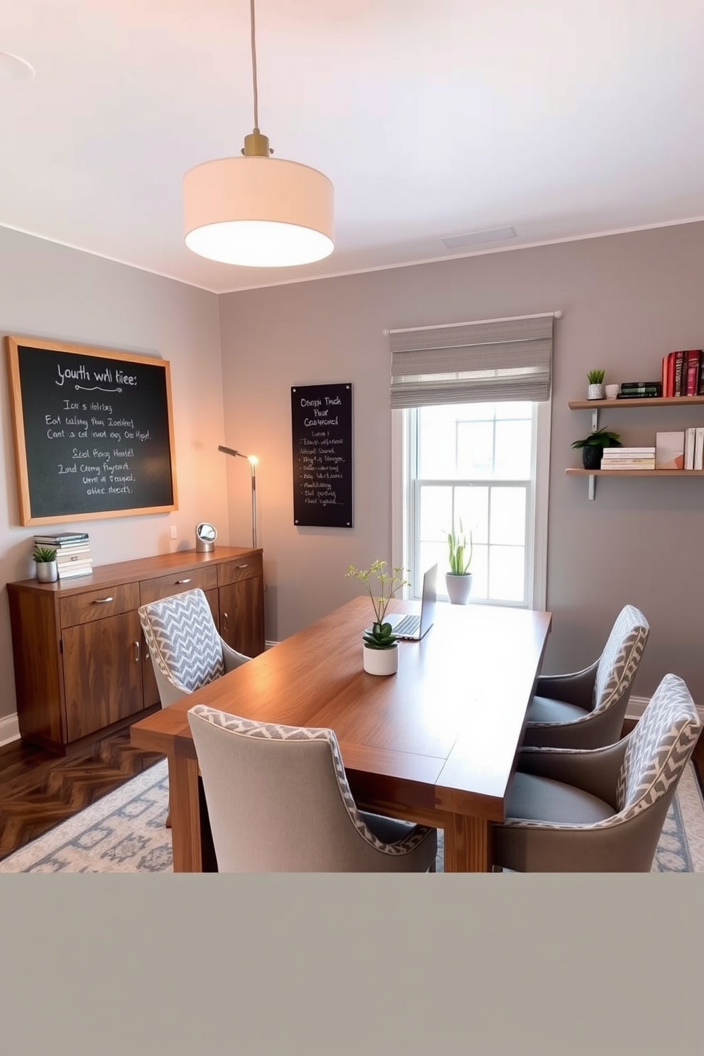 A stylish dining room office combo featuring a large wooden table that serves as both a dining surface and a workspace. The table is surrounded by upholstered chairs with modern patterns and a sleek chalkboard mounted on the wall for quick notes and reminders. The walls are painted in a soft gray, creating a calm atmosphere, while decorative shelves display books and plants. A pendant light hangs above the table, providing warm illumination, and a rug with a subtle geometric design anchors the space.