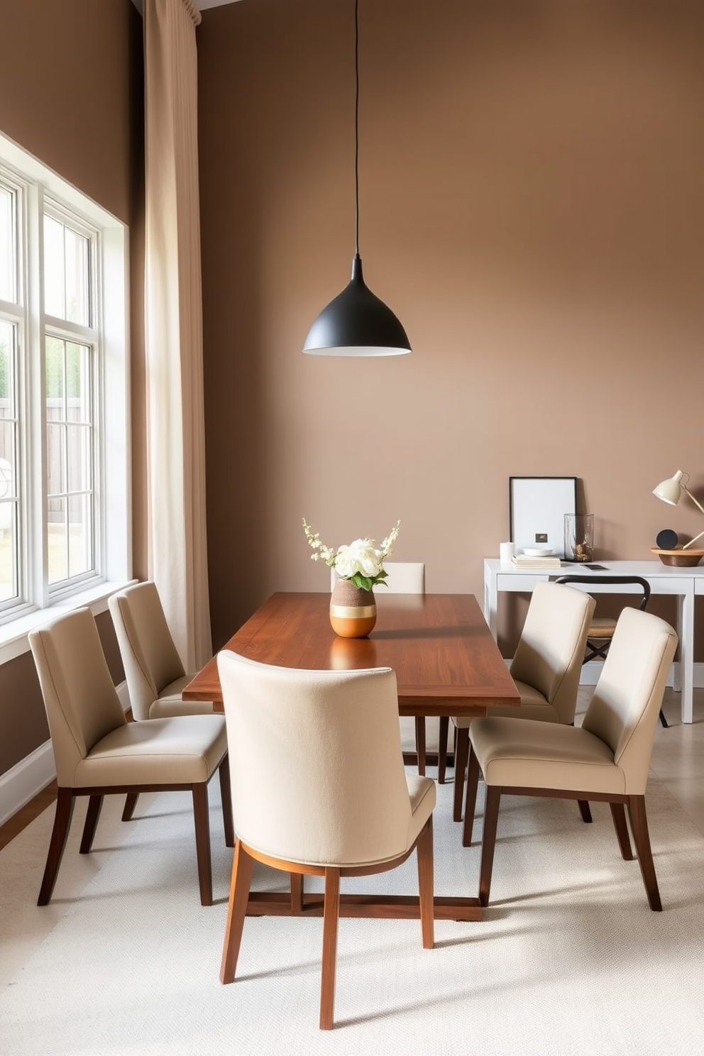 A serene dining room office combo features a sleek wooden table surrounded by upholstered chairs in soft beige. The walls are painted in a warm taupe, creating a cozy atmosphere, while a stylish pendant light hangs above the table. To the side, a modern desk with clean lines complements the dining area, adorned with minimalistic decor. Large windows allow natural light to flood the space, enhancing the neutral palette and providing a tranquil workspace.