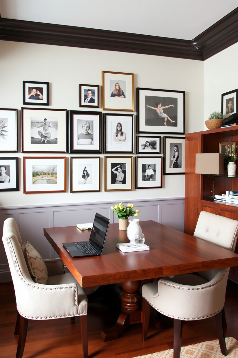 Create a gallery wall featuring a mix of framed artwork and personal photographs. The arrangement should include varying frame sizes and styles to add visual interest. Design a dining room office combo that seamlessly integrates work and leisure. Use a large wooden dining table that doubles as a workspace, surrounded by comfortable chairs that complement the overall aesthetic.