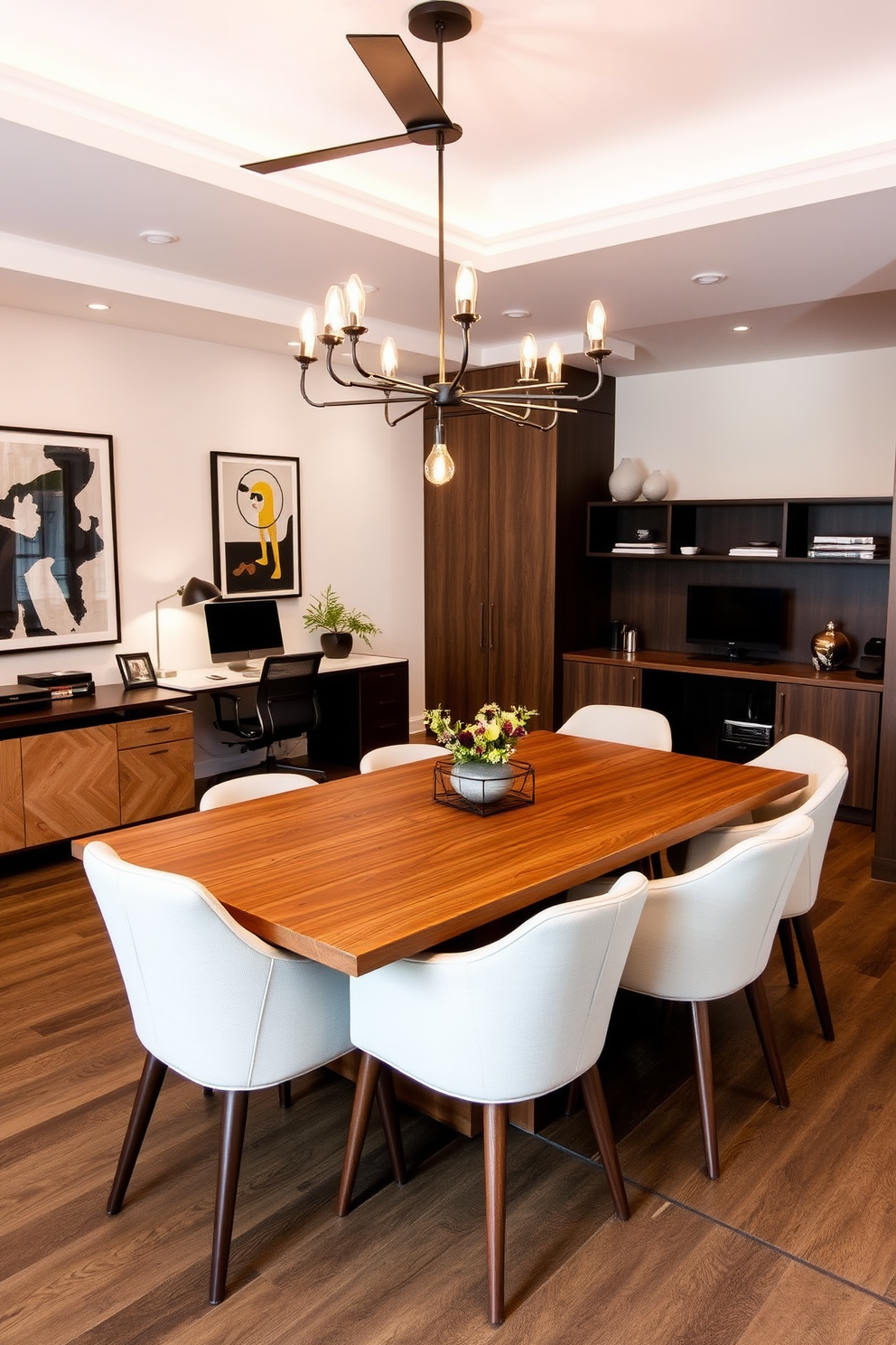 A stylish dining room office combo featuring a sleek wooden dining table with extension leaves. The table is surrounded by modern upholstered chairs, and a contemporary chandelier hangs above, providing warm lighting for both dining and work activities. To one side, a functional workspace is integrated with a minimalist desk and ergonomic chair, complemented by stylish storage solutions. The walls are adorned with art that reflects a balance of sophistication and creativity, while the color palette combines soft neutrals with bold accents.