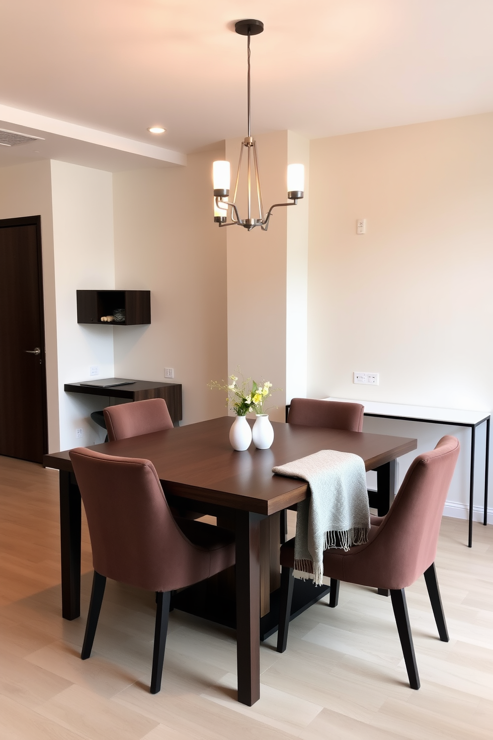 A stylish dining room office combo featuring a sleek wooden dining table surrounded by plush upholstered chairs. The space is illuminated by a modern chandelier, and a cozy throw is draped over one of the chairs for added warmth. To the side, a compact desk with a minimalist design is positioned against the wall, complemented by a stylish ergonomic chair. The walls are painted in a soft neutral tone, enhancing the inviting atmosphere of this multifunctional space.