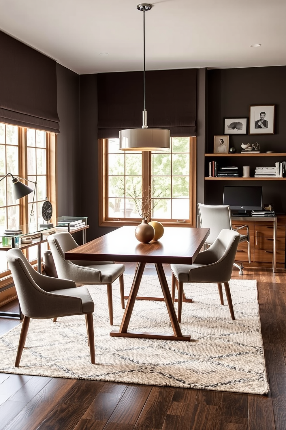 A stylish dining room office combo features a sleek wooden table surrounded by upholstered chairs that add comfort and elegance. The space is enhanced by a textured area rug beneath the table, while a modern pendant light hangs overhead, providing a warm glow. On one side of the room, a contemporary desk made of glass and metal complements the dining area, creating a cohesive look. Shelves lined with books and decorative items add personality, while large windows allow natural light to flood the space, highlighting the mix of textures and materials.