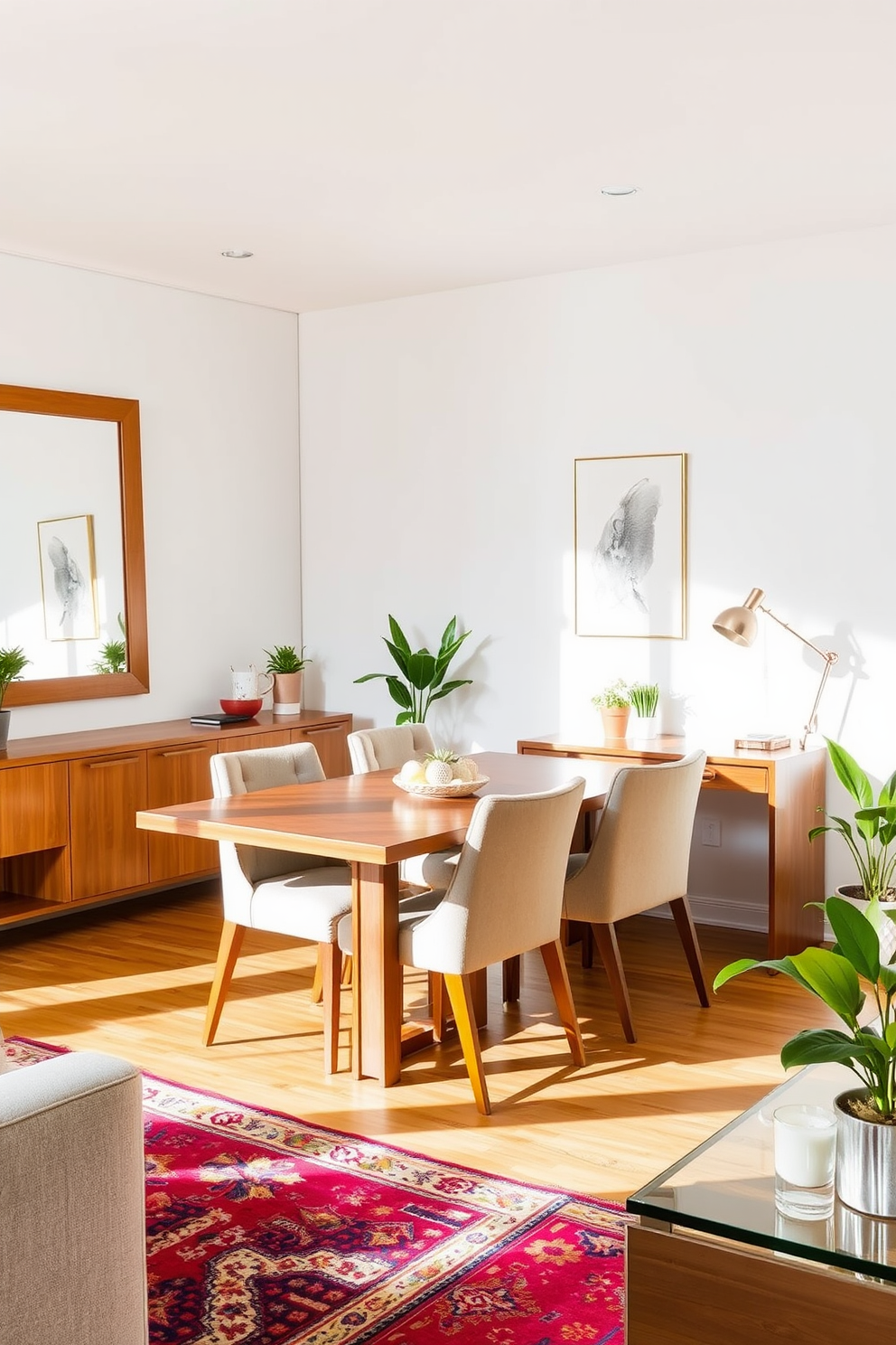 A bright and airy dining room office combo features a large mirror on one wall to enhance natural light and create a sense of spaciousness. The dining area includes a sleek wooden table surrounded by upholstered chairs, while a stylish desk with a modern lamp occupies the adjacent space. The walls are painted in a soft neutral tone, complementing the warm wood tones of the furniture. Decorative elements such as a vibrant rug and potted plants add color and life to the room, creating a harmonious blend of functionality and elegance.