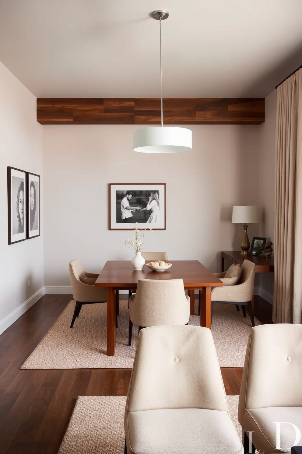 A stylish dining room office combo that seamlessly blends functionality and elegance. The space features a sleek wooden dining table surrounded by upholstered chairs, with a modern pendant light hanging above. To one side of the room, a minimalist desk is positioned against a wall adorned with framed artwork. The color palette includes soft neutrals and rich earthy tones, creating a warm and inviting atmosphere.