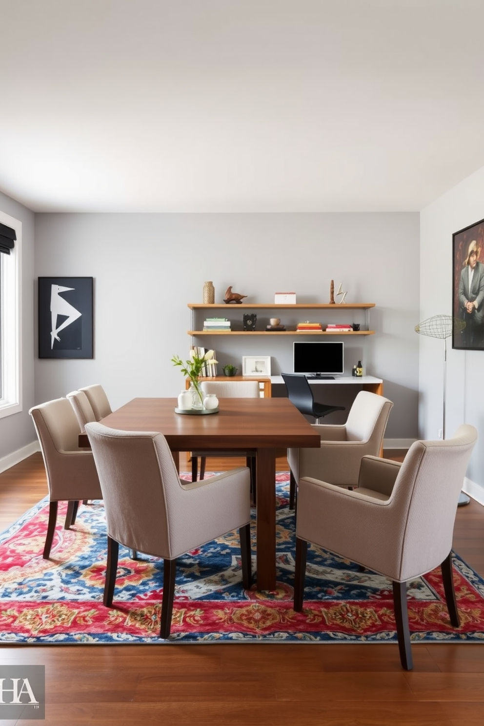 A dining room office combo featuring a rectangular wooden table surrounded by upholstered chairs. To one side, a sleek desk with a modern chair complements the dining area, creating a harmonious workspace. The walls are painted in a soft gray to enhance the light from a large window. Decorative elements include a colorful area rug that defines the dining space and stylish shelving above the desk for added storage and display.