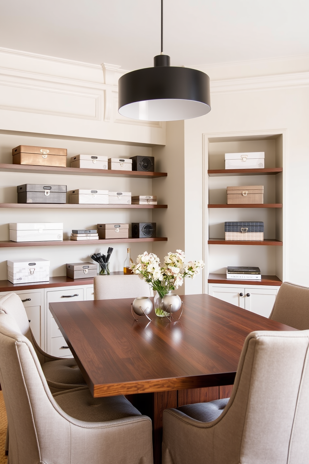 A stylish dining room office combo features a sleek wooden table surrounded by upholstered chairs. Decorative boxes in various sizes are placed on shelves and the table, providing organized storage while adding a touch of elegance. The walls are painted in a soft neutral tone, creating a warm and inviting atmosphere. A statement pendant light hangs above the table, illuminating the space and enhancing the overall design.