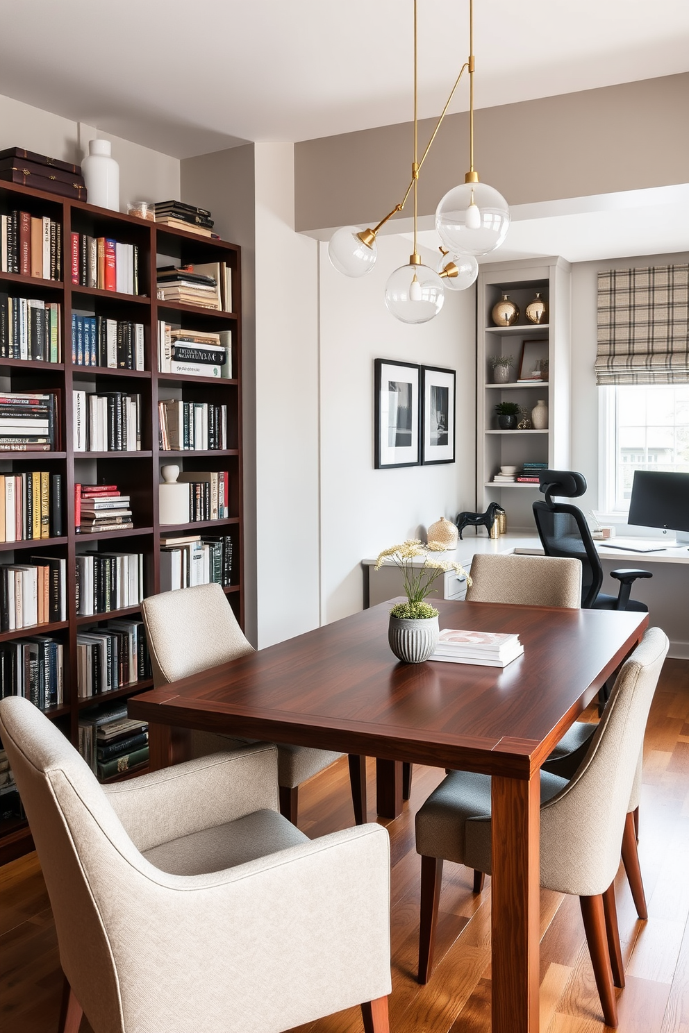 A cozy dining room office combo featuring a sleek wooden table surrounded by upholstered chairs. Against one wall, a stylish bookcase filled with an array of books and decorative items adds character to the space. The office area includes a modern desk with a comfortable ergonomic chair, positioned near a window for natural light. Soft lighting fixtures above the dining table create an inviting atmosphere for both work and meals.