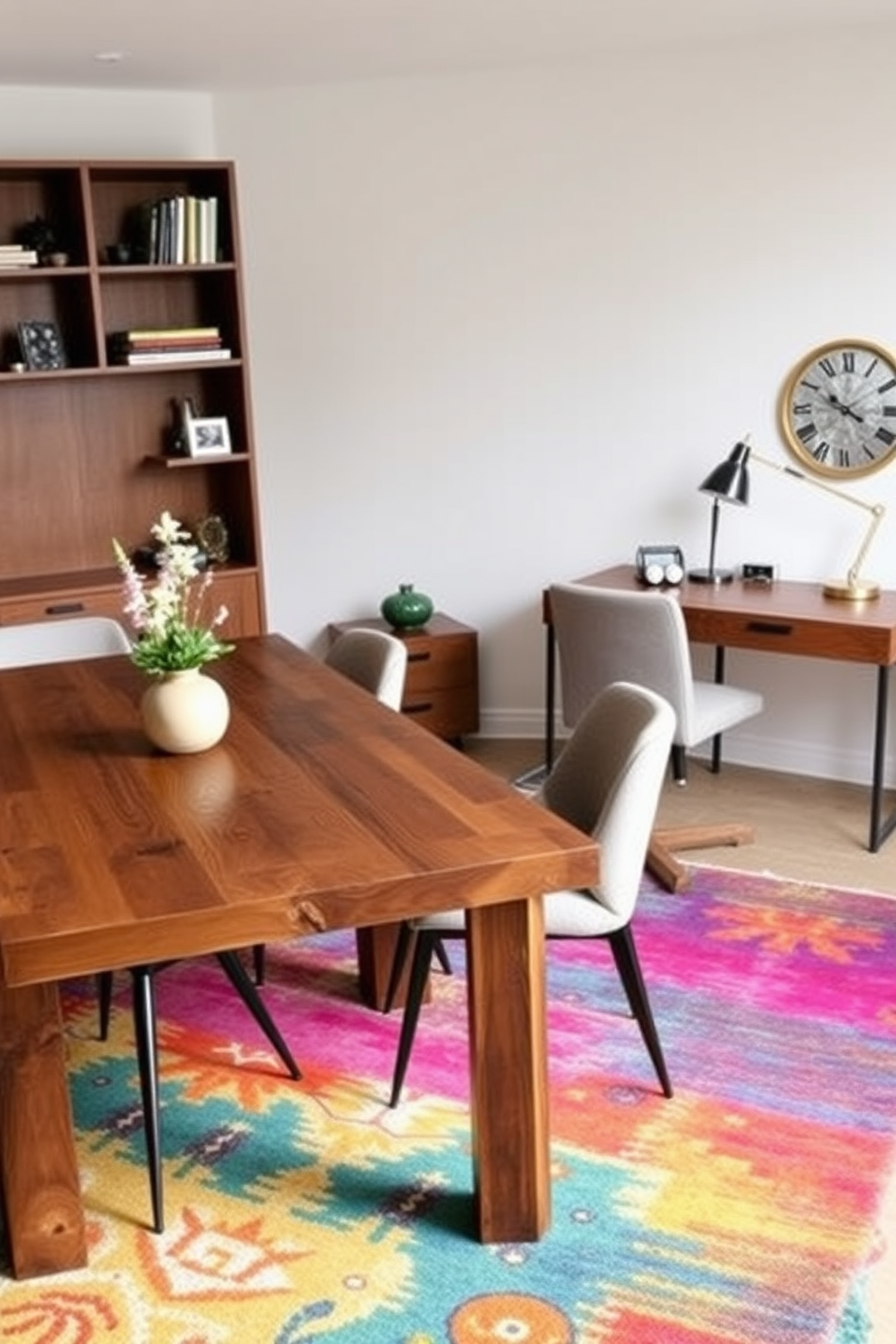 A vibrant area rug anchors the space, bringing warmth and color to the dining room office combo. The dining table, made of reclaimed wood, is paired with modern upholstered chairs that complement the rug's hues. In one corner, a sleek desk with a minimalist design offers a functional workspace, accented by a stylish desk lamp. Shelves above the desk display books and decorative items, blending practicality with aesthetics.