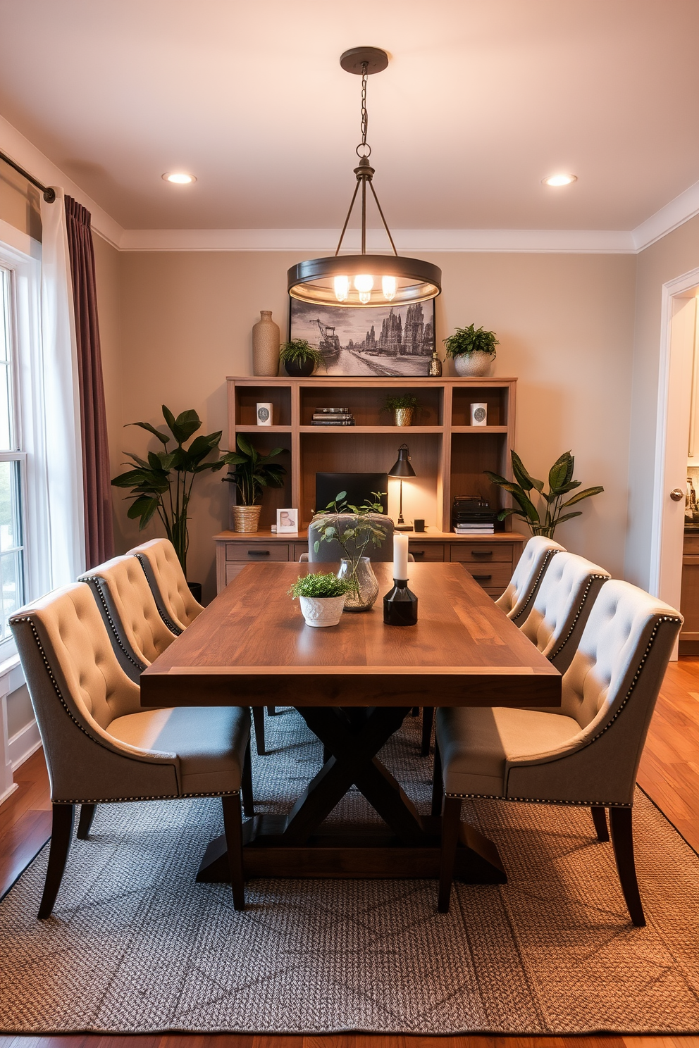 A cozy dining room office combo features a large wooden table surrounded by plush upholstered chairs. Warm lighting from a contemporary chandelier casts a soft glow, enhancing the inviting atmosphere. Natural elements are incorporated with potted plants placed strategically around the space. A textured area rug adds warmth to the hardwood floor, creating a seamless transition between the dining and office areas.