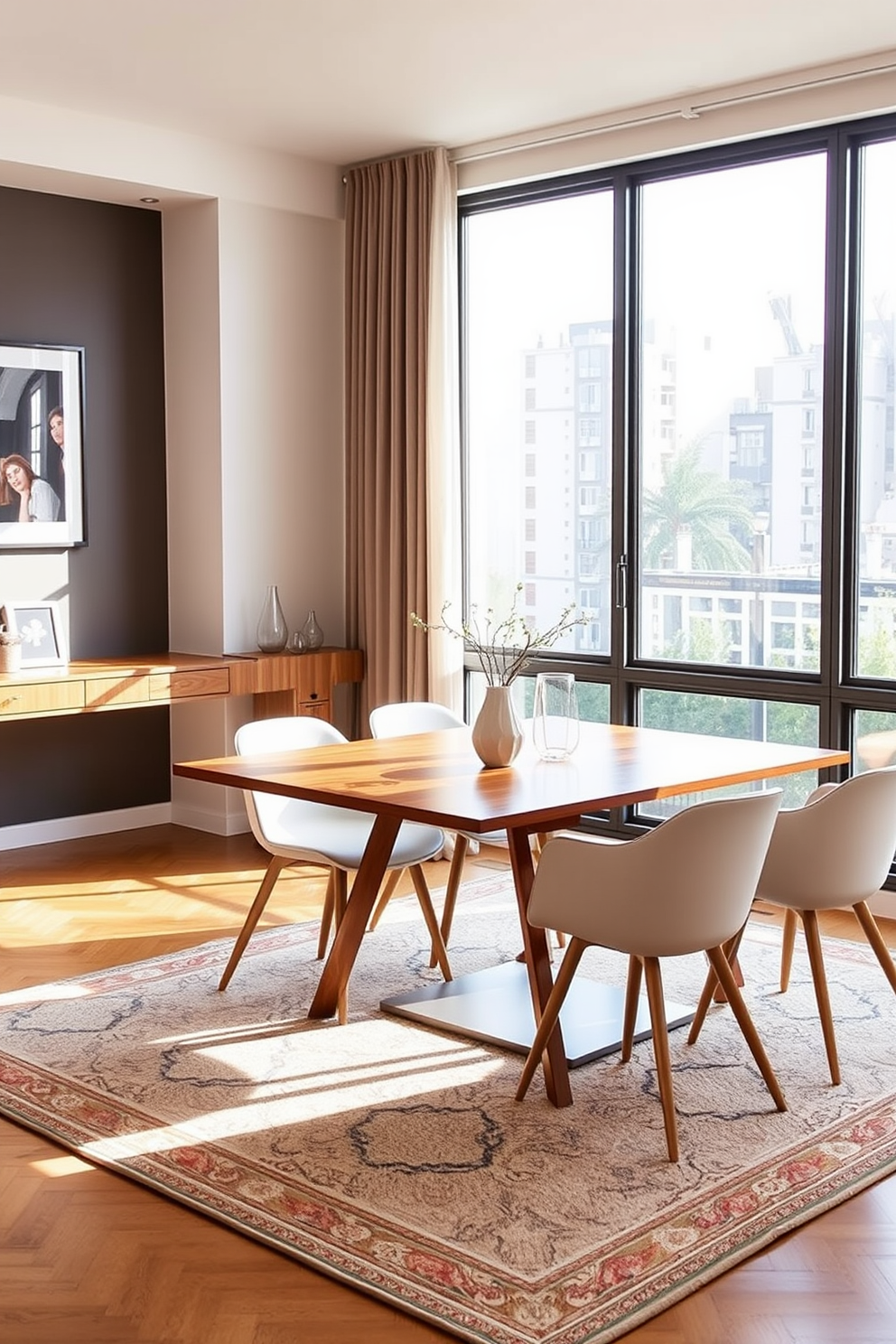 A stylish dining room office combo features a sleek foldable desk that seamlessly integrates into the space. The desk is positioned against a wall, adorned with art, while a modern dining table with elegant chairs occupies the center of the room. Natural light floods in through large windows, illuminating the warm wood tones of the furniture. A tasteful area rug anchors the space, adding comfort and style to the combined dining and work area.