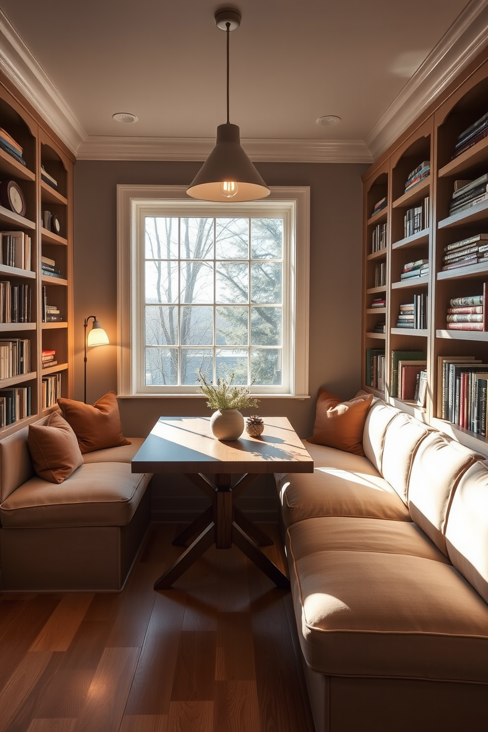 Create a cozy nook featuring a spacious banquette with plush cushions and a wooden table. The area is illuminated by soft pendant lighting, creating an inviting atmosphere for dining or work. Surround the banquette with built-in shelving filled with books and decorative items. A large window allows natural light to flood the space, enhancing the warm color palette of the room.