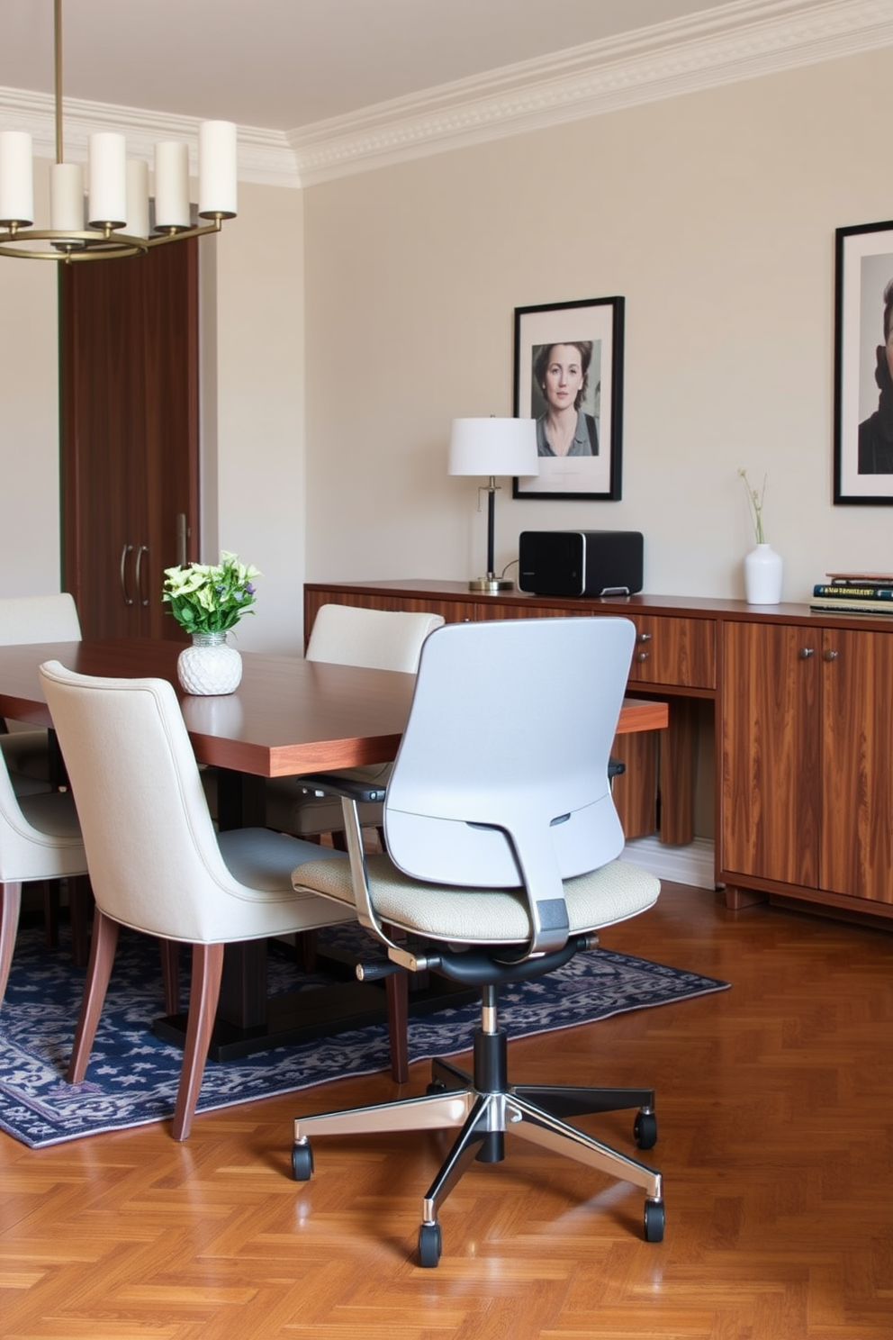 A stylish task chair seamlessly complements the dining chairs in a multifunctional dining room office combo. The space features a sleek wooden dining table surrounded by elegant upholstered chairs, with the task chair offering ergonomic support and a modern aesthetic.