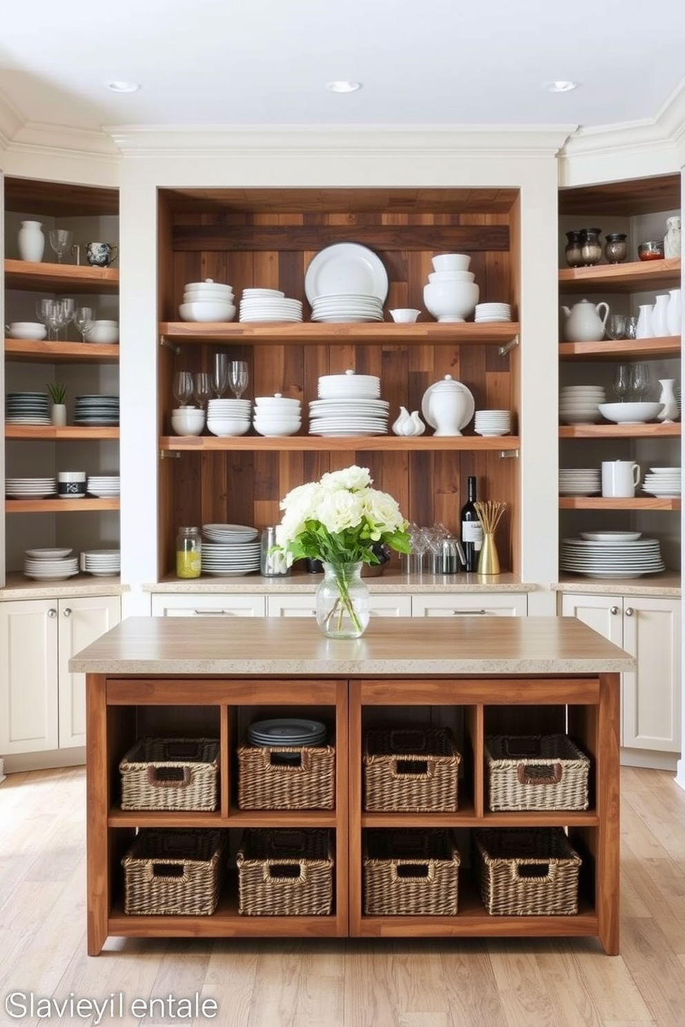 A stylish dining room pantry with open shelving that showcases neatly organized dishes and glassware. The shelves are made of reclaimed wood, adding warmth to the space, while the walls are painted in a soft cream color to enhance brightness. A large island in the center provides additional workspace and storage, featuring a mix of open and closed cabinetry. Decorative baskets are used on the lower shelves to hold smaller items, maintaining a clean and inviting look.