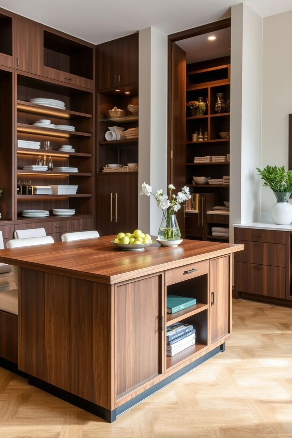 A sleek multi-functional island serves as the centerpiece of the dining room. It features a polished wood surface with integrated storage and comfortable seating on one side. The pantry is designed with open shelving and elegant cabinetry, providing ample space for organization. Soft lighting highlights the rich textures and colors of the pantry, creating a warm and inviting atmosphere.