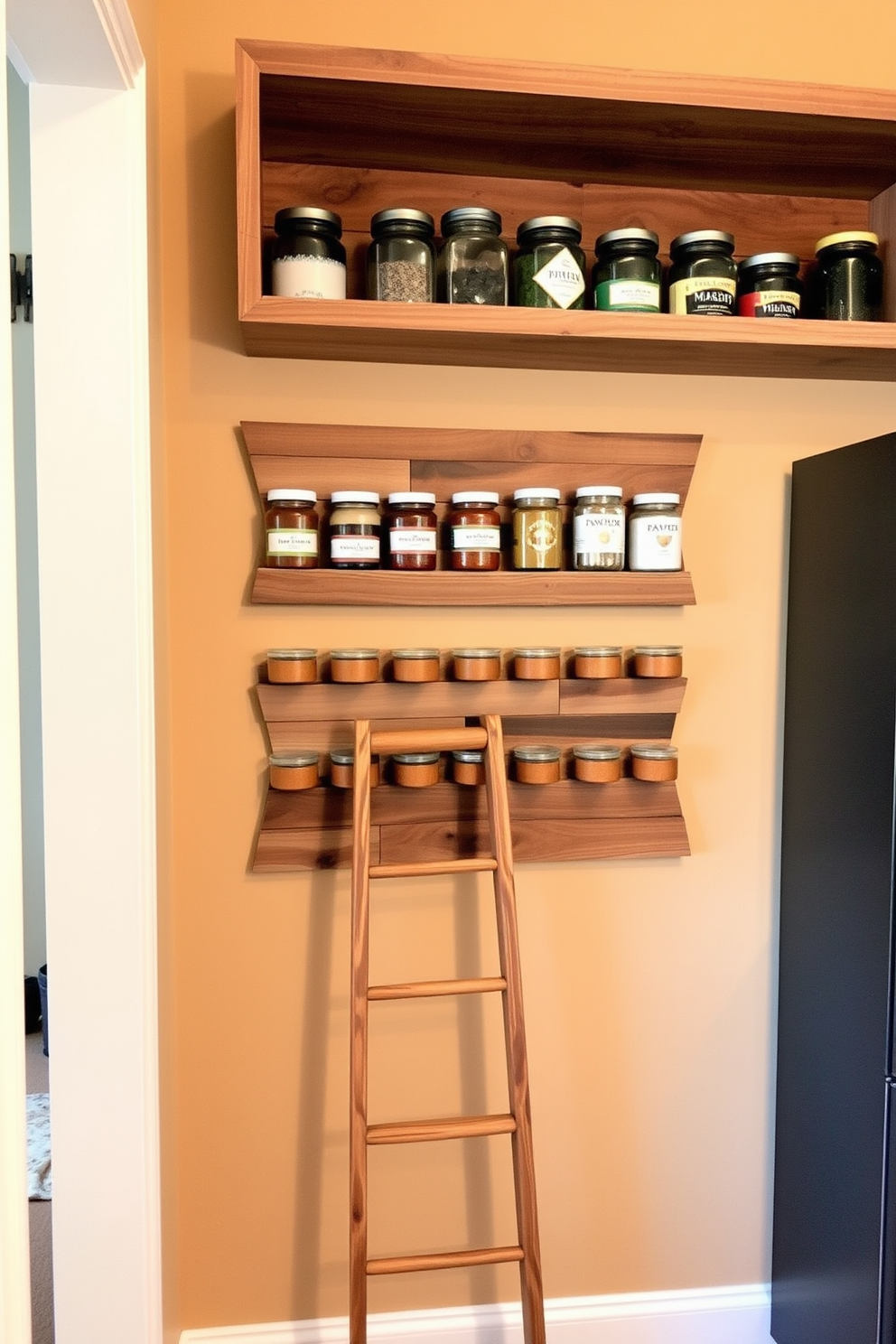 A stylish dining room pantry features wall-mounted spice racks that create an organized and accessible storage solution. The racks are made of reclaimed wood and are arranged in a grid pattern on a warm beige wall, providing a rustic yet modern aesthetic. The pantry includes open shelving above the spice racks for additional storage of jars and containers. A small wooden ladder leans against the shelves, adding both functionality and charm to the space.