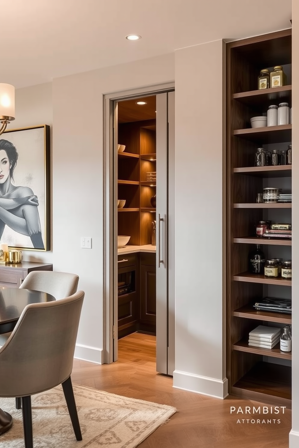 A hidden pantry seamlessly integrated behind a false wall in a modern dining room. The pantry features custom shelving, elegant lighting, and a sleek door that blends with the surrounding decor.