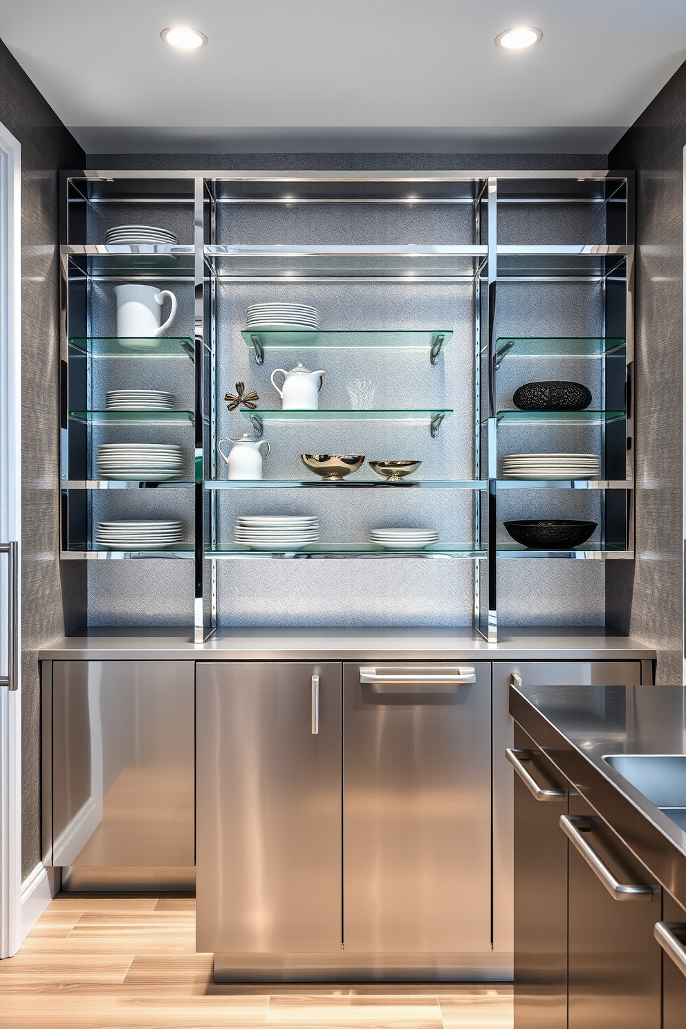 A modern dining room pantry featuring sleek metallic finishes that enhance the overall aesthetic. The pantry includes open shelving with a polished chrome frame and glass shelves, showcasing elegant dishware and decorative items. The walls are adorned with a subtle metallic wallpaper that reflects light beautifully. A minimalist island with a brushed steel countertop provides additional prep space and storage beneath.