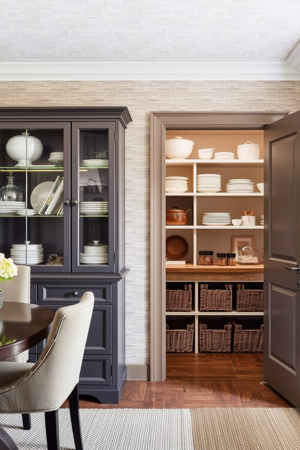 Textured wallpaper adds a layer of sophistication and warmth to the dining room. Consider a subtle pattern in earthy tones to create an inviting atmosphere. For the pantry design, incorporate open shelving to display beautiful dishware and pantry essentials. Utilize a mix of cabinetry and baskets for both functionality and aesthetic appeal.