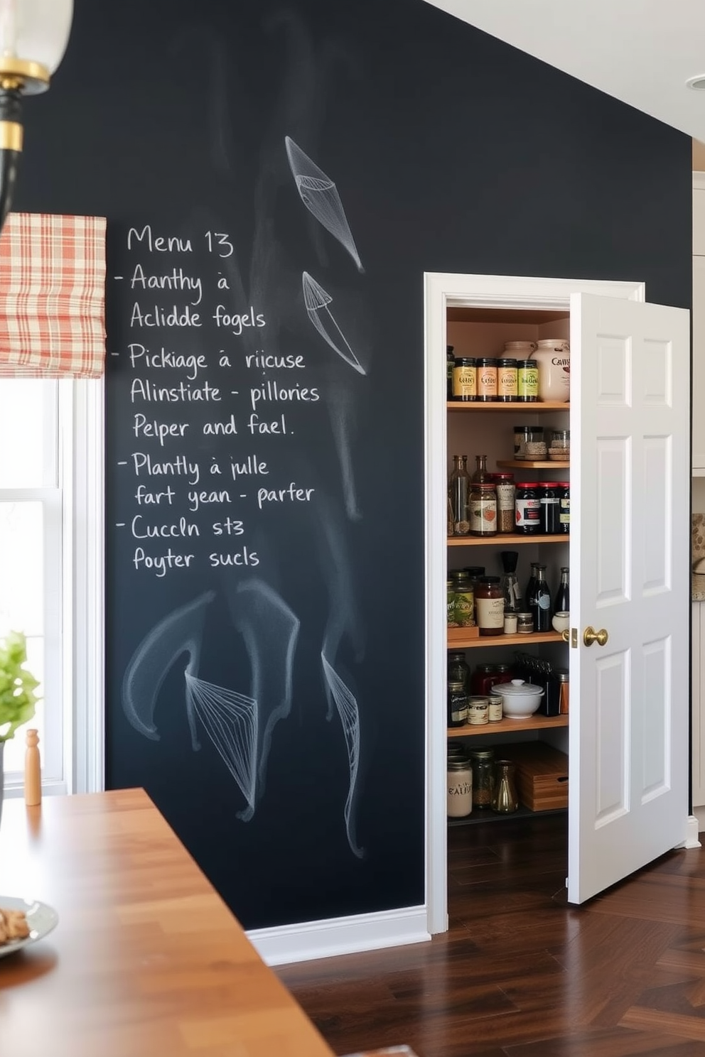 A cozy dining room featuring a chalkboard wall that serves as a functional space for notes and menus. The pantry is designed with open shelving, showcasing neatly arranged jars and kitchen essentials for easy access.