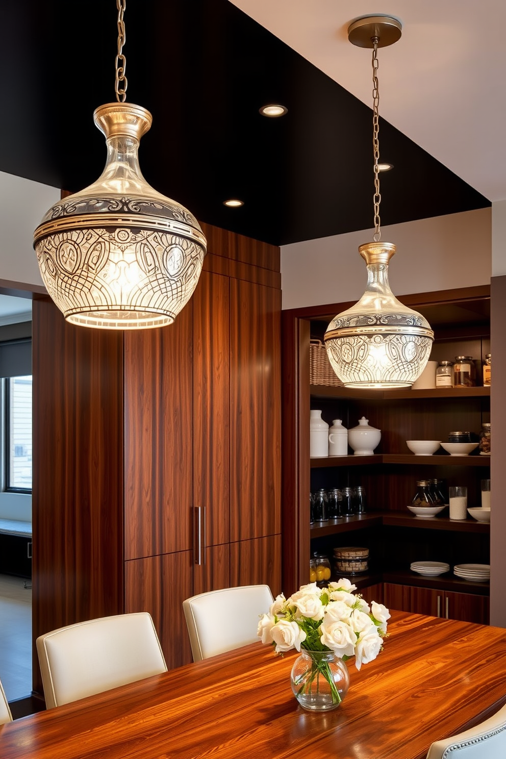 Elegant pendant lights hang gracefully above the dining table, casting a warm and inviting glow throughout the room. The lights feature intricate glass designs that complement the overall decor, creating a stunning focal point. The pantry design incorporates sleek cabinetry with a rich wood finish, providing ample storage while maintaining a sophisticated look. Open shelving displays neatly arranged jars and decorative items, enhancing both functionality and style.