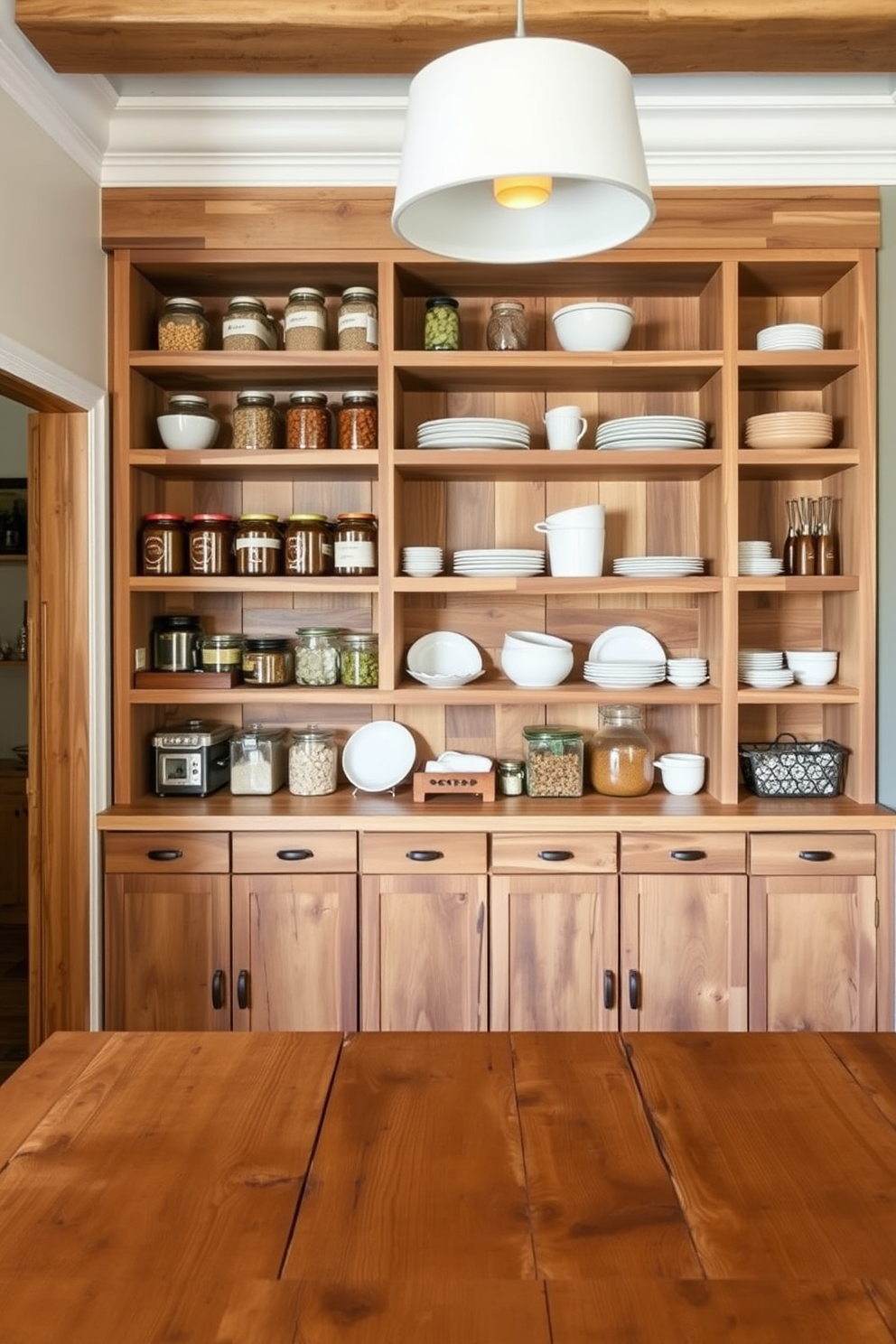 Natural wood accents create a warm and inviting atmosphere in the dining room pantry. The design features open shelving made of reclaimed wood, displaying neatly organized jars and dishes, while a rustic wooden table adds charm to the space.