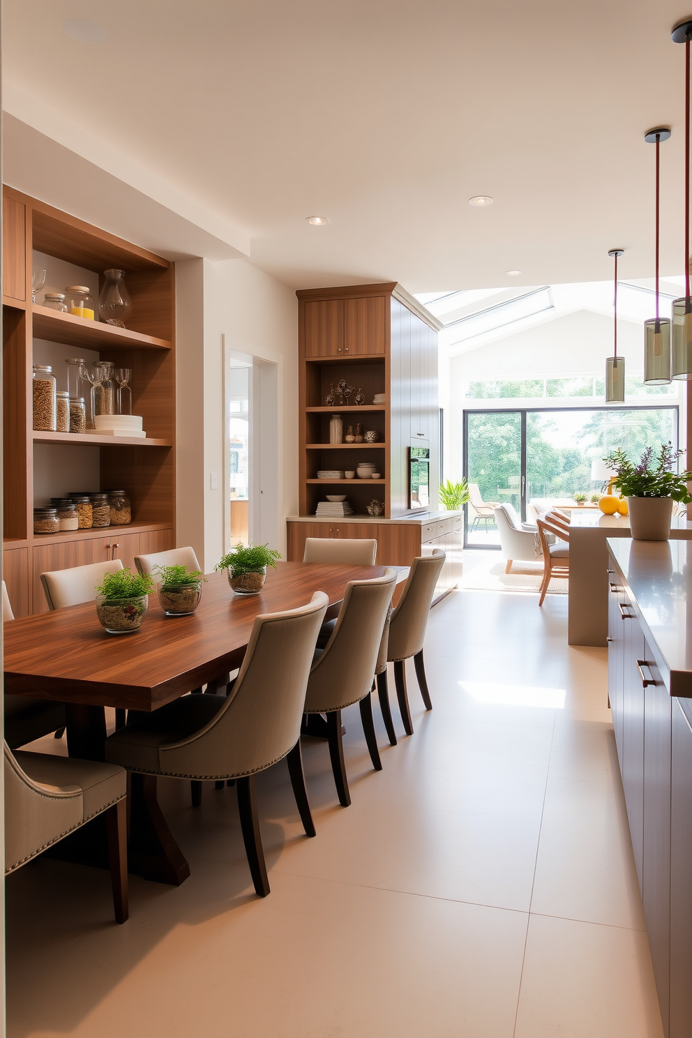 A bright and airy dining room features an open layout that seamlessly connects to the kitchen and living area. The space is adorned with a large wooden dining table surrounded by elegant upholstered chairs, creating a welcoming atmosphere for gatherings. Adjacent to the dining area, a stylish pantry is designed with sleek cabinetry and open shelving. It showcases organized storage solutions, including glass jars filled with dry goods and a small herb garden on the countertop, blending functionality with aesthetic appeal.