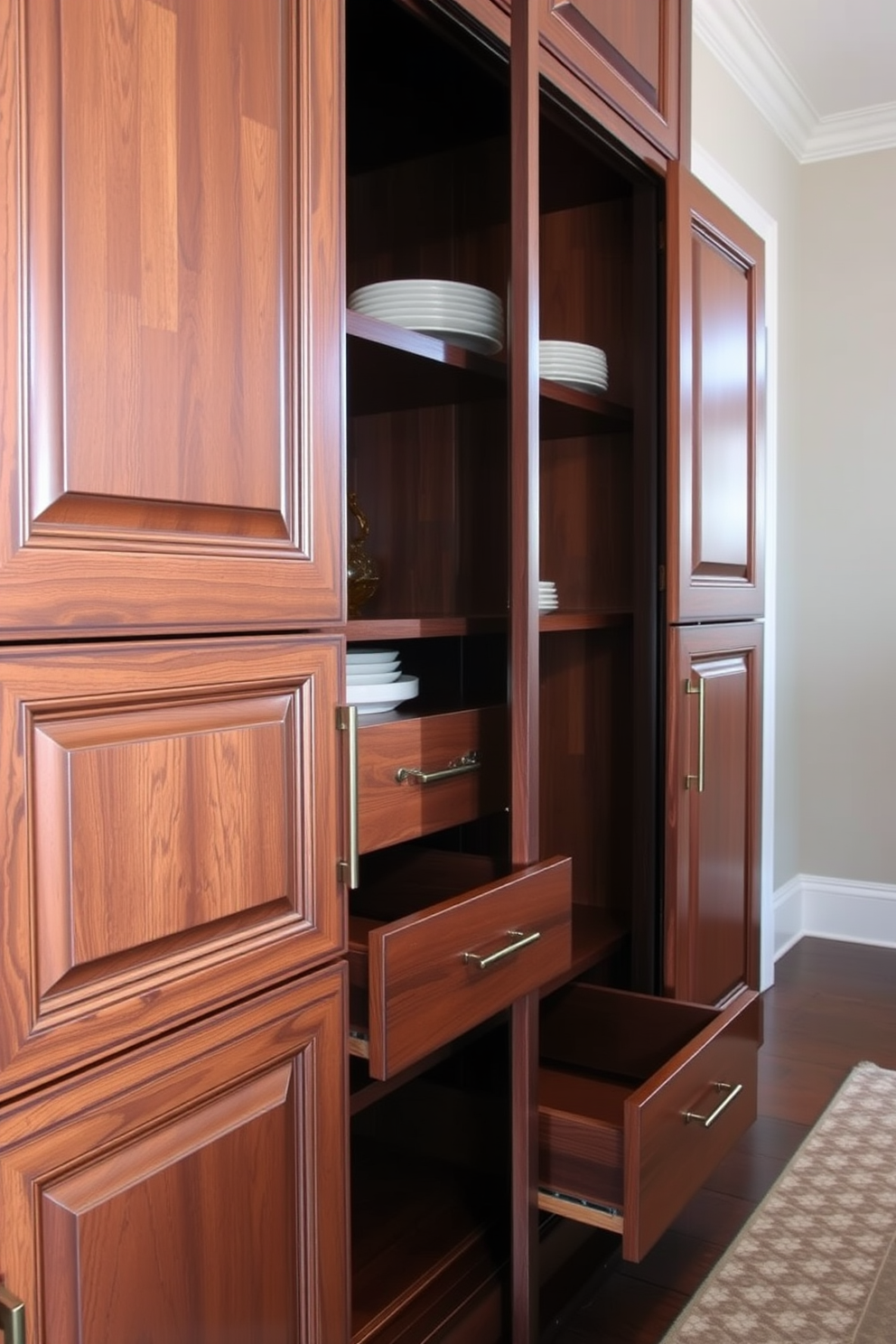 A stylish pantry cabinet featuring pull-out drawers crafted from rich wood. The design includes elegant hardware and ample storage space, seamlessly integrating into the dining room aesthetic.