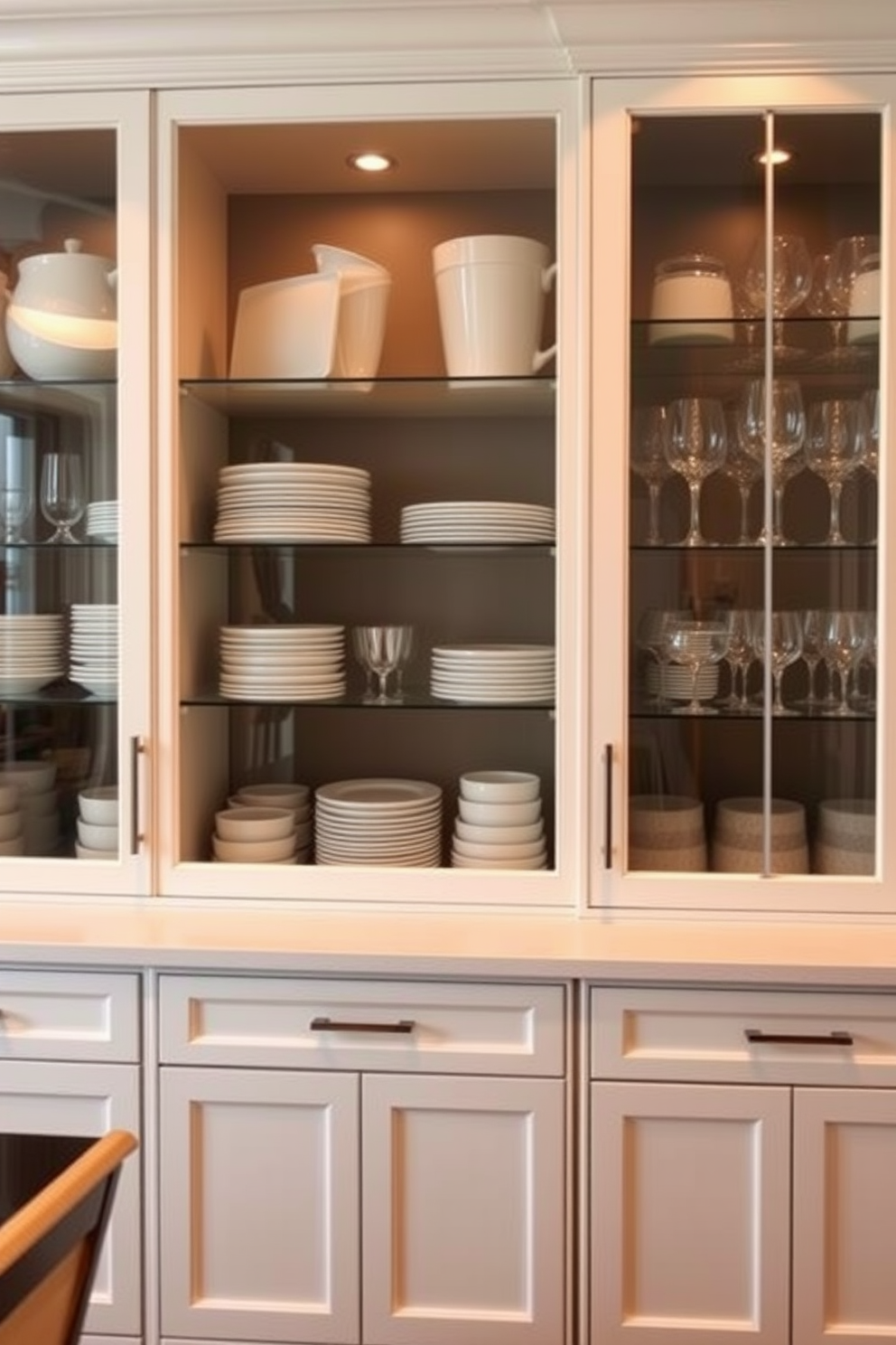 A stylish dining room pantry features elegant glass-front cabinets that showcase neatly organized dishware and glassware. The cabinetry is complemented by a sleek countertop and warm ambient lighting that enhances the inviting atmosphere.