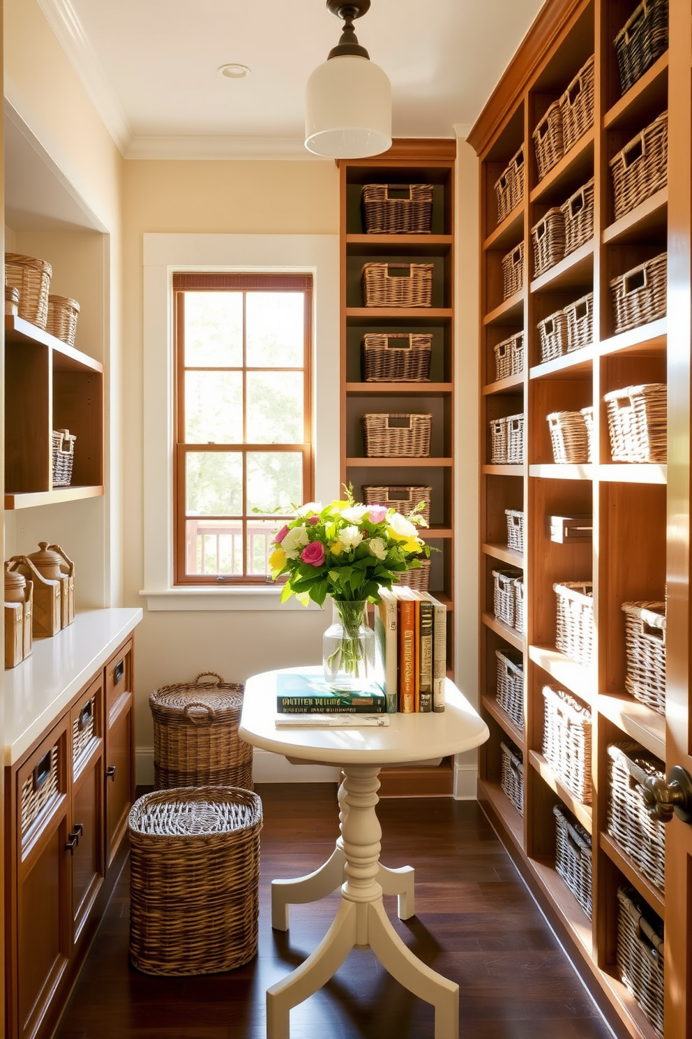 A cozy dining room pantry with decorative baskets for stylish storage. The walls are painted in a soft cream color, and the shelves are filled with woven baskets in various sizes, neatly organized for easy access. Natural light streams in through a large window, highlighting the warm wood tones of the cabinetry. A small table is placed in the center, adorned with a fresh bouquet and a few cookbooks for a homey touch.