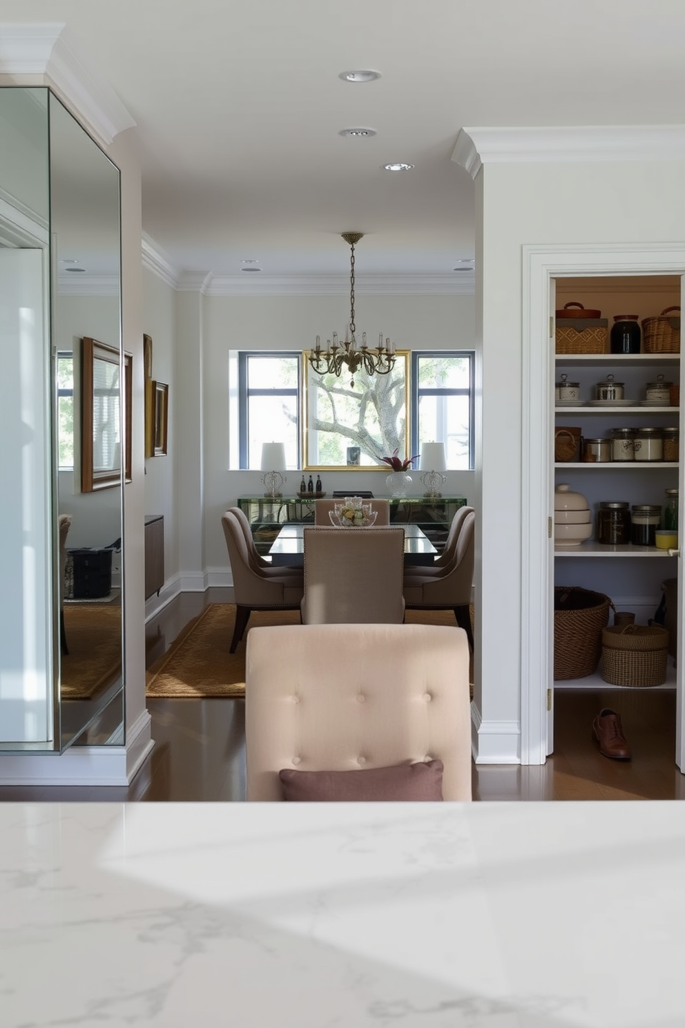 A bright dining room featuring mirrored surfaces that reflect natural light throughout the space. The elegant dining table is surrounded by plush chairs, creating a welcoming atmosphere. Adjacent to the dining area, a well-organized pantry showcases open shelving with decorative jars and baskets. The pantry's design incorporates mirrored accents to enhance the sense of space and light.