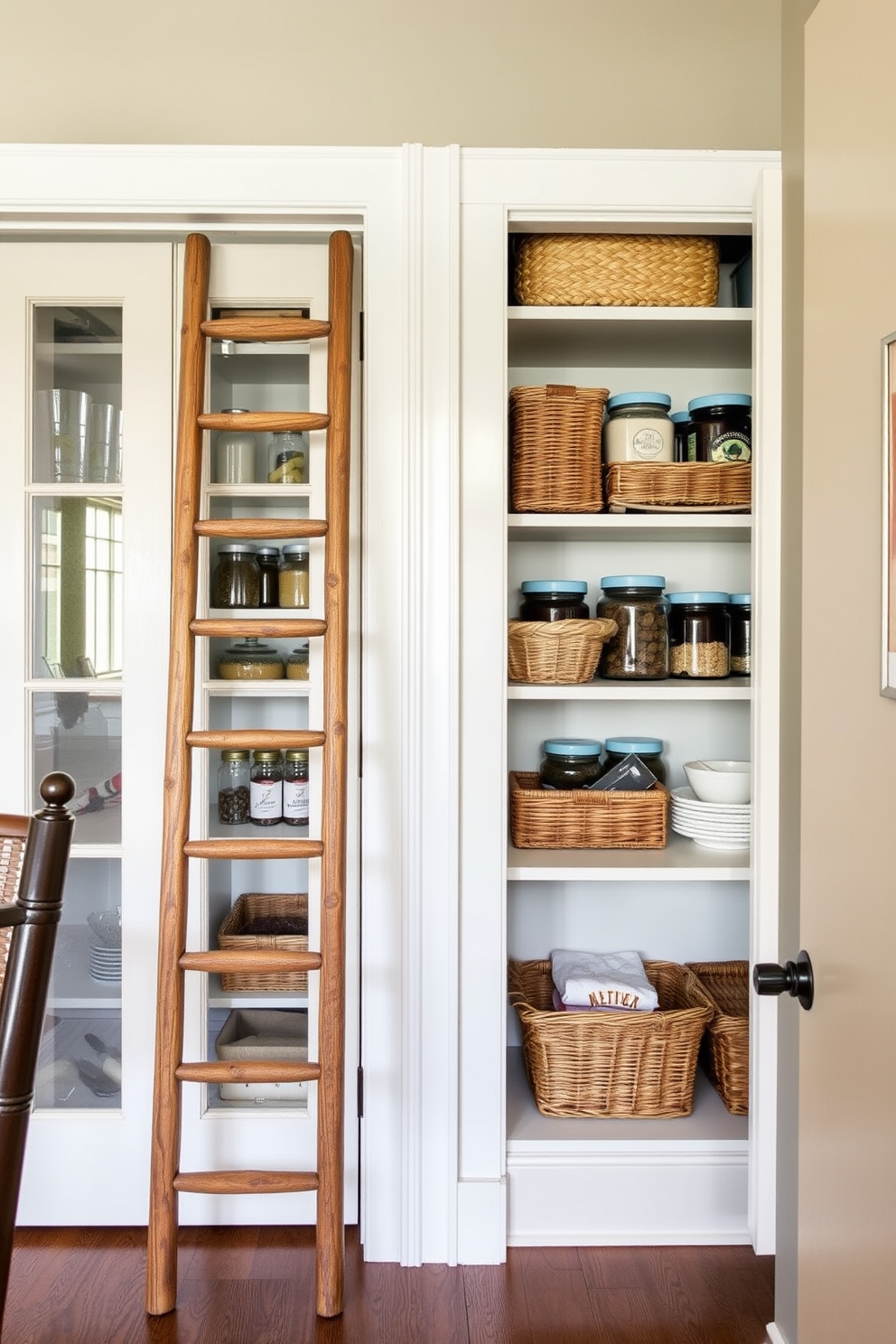 A rustic wooden ladder leans against the wall, providing high storage access in a cozy dining room pantry. The pantry features open shelving filled with neatly organized jars and baskets, enhancing the warm and inviting atmosphere.