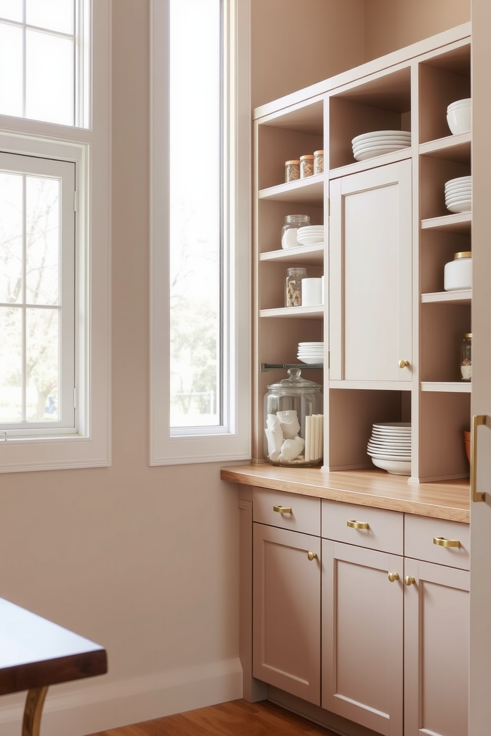 A serene dining room pantry featuring a neutral color palette that promotes a calm atmosphere. The cabinetry is a soft beige with matte finishes, complemented by a light wood countertop and subtle brass hardware. Natural light filters through a large window, illuminating the space with a warm glow. Open shelving displays neatly organized dishware and decorative jars, enhancing the minimalist aesthetic.