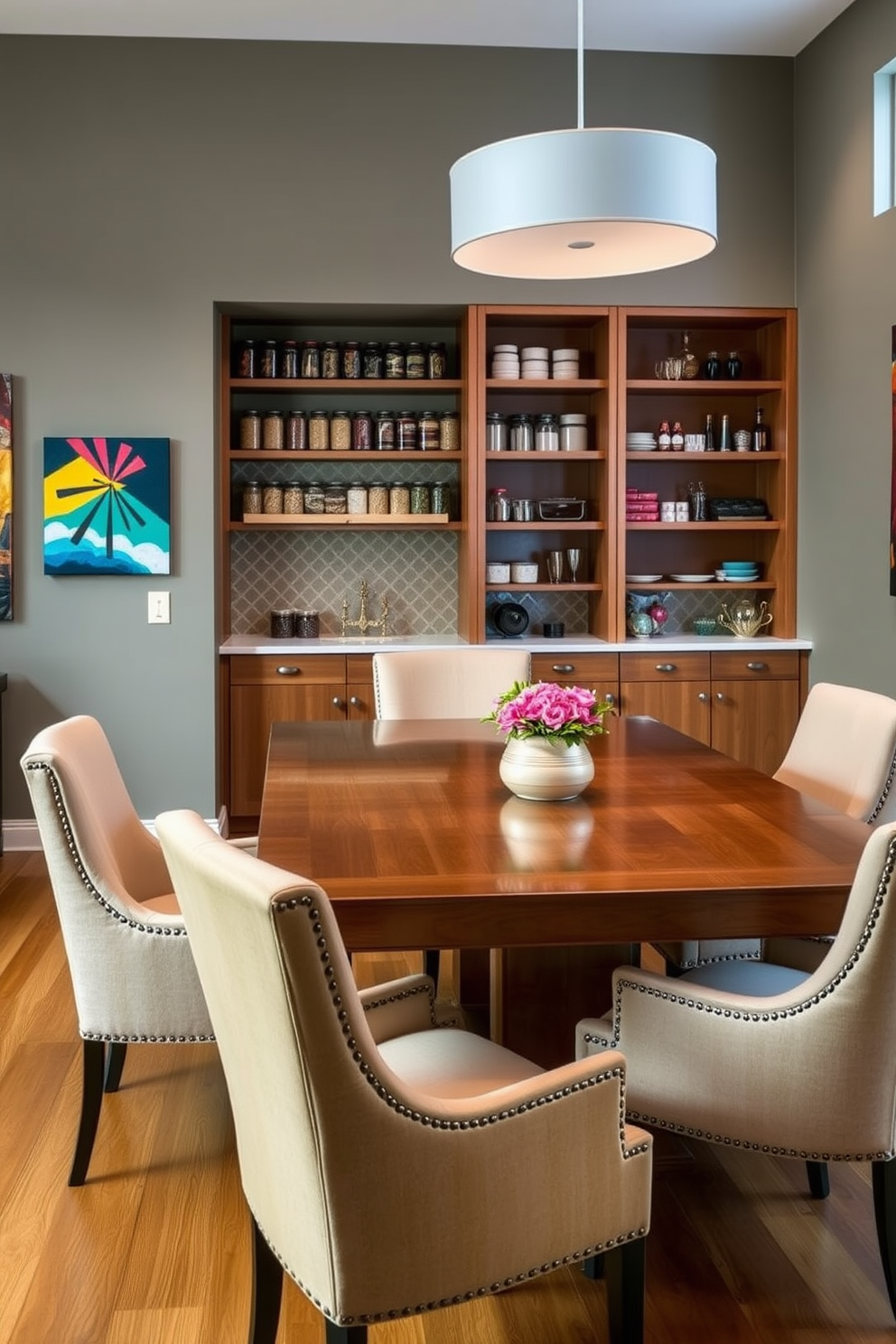 A dining room featuring a large wooden table surrounded by plush upholstered chairs. The walls are adorned with colorful artwork that reflects personal style, creating a warm and inviting atmosphere. A pantry designed with open shelving to showcase neatly organized jars and containers. The space incorporates a small countertop area for meal prep, with a stylish backsplash that adds a touch of elegance.