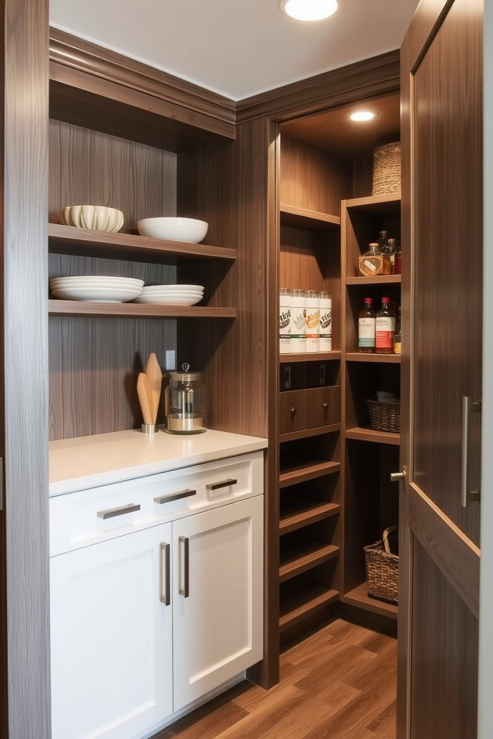 Custom cabinetry for tailored solutions. The design features sleek lines and a modern aesthetic, utilizing a combination of wood finishes and high-quality hardware to create a functional yet stylish space. Dining Room Pantry Design Ideas. This pantry incorporates open shelving for easy access to frequently used items, while closed cabinetry provides a clean look and maximizes storage efficiency.