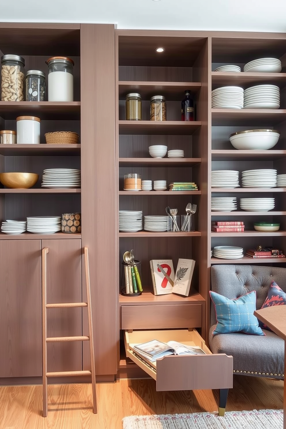 Vertical storage solutions are ingeniously integrated into a compact dining room pantry. Shelves stretch from floor to ceiling, showcasing a mix of decorative jars and neatly stacked plates, while a slim pull-out drawer provides easy access to utensils. The pantry features a sleek design with a combination of open and closed storage. A small ladder is positioned against one side, allowing access to higher shelves, and a cozy reading nook with a small chair is nestled in the corner, enhancing the space's functionality.