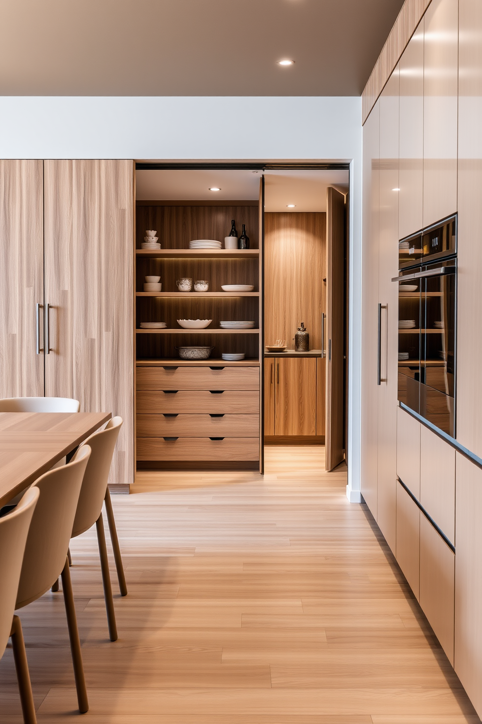 A modern dining room featuring integrated appliances that blend effortlessly into the cabinetry. The sleek lines and minimalist design create a harmonious space for dining and entertaining. The pantry is designed with open shelving and concealed storage for a clean aesthetic. Natural wood finishes and soft lighting enhance the inviting atmosphere of this functional area.