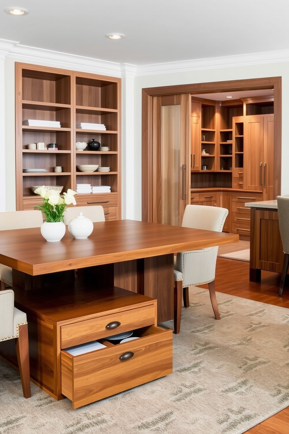 A stylish dining room featuring a large wooden table with integrated storage drawers beneath the tabletop. Surrounding the table are elegant upholstered chairs that complement the warm tones of the wood. Adjacent to the dining area, a spacious pantry designed with open shelving and closed cabinets for optimal organization. The pantry showcases a mix of natural wood finishes and sleek hardware, creating a harmonious blend of style and practicality.