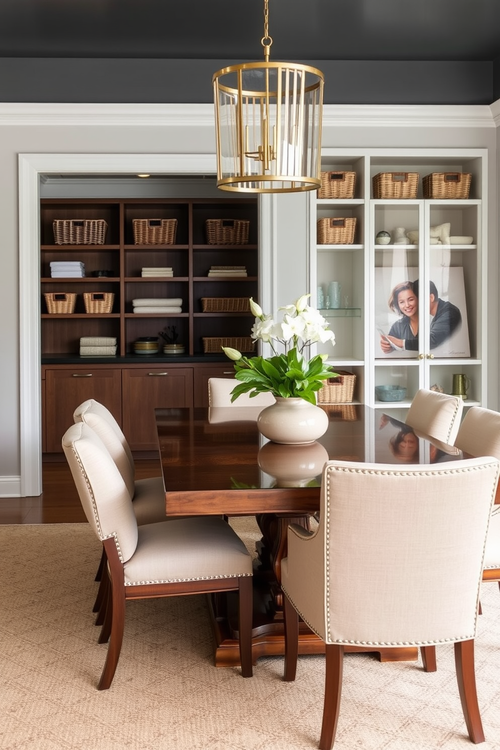 Cushioned seating for comfort. The dining room features plush chairs with soft upholstery around a large wooden table, creating an inviting atmosphere for gatherings. Dining room pantry design ideas. The pantry is designed with open shelving and stylish baskets, providing easy access to kitchen essentials while maintaining a clean and organized look.