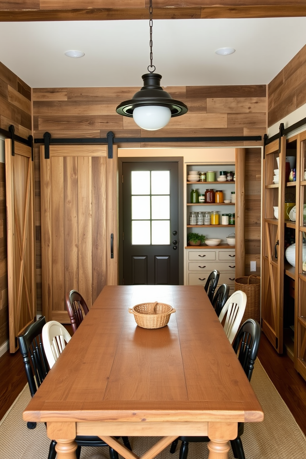 A cozy dining room featuring sliding barn doors that add rustic charm and warmth to the space. The walls are adorned with reclaimed wood accents, and a large farmhouse table sits at the center, surrounded by mismatched chairs. The pantry is designed with open shelving made from weathered wood, showcasing colorful jars and dishware. Soft, ambient lighting highlights the textures and creates an inviting atmosphere for family gatherings.