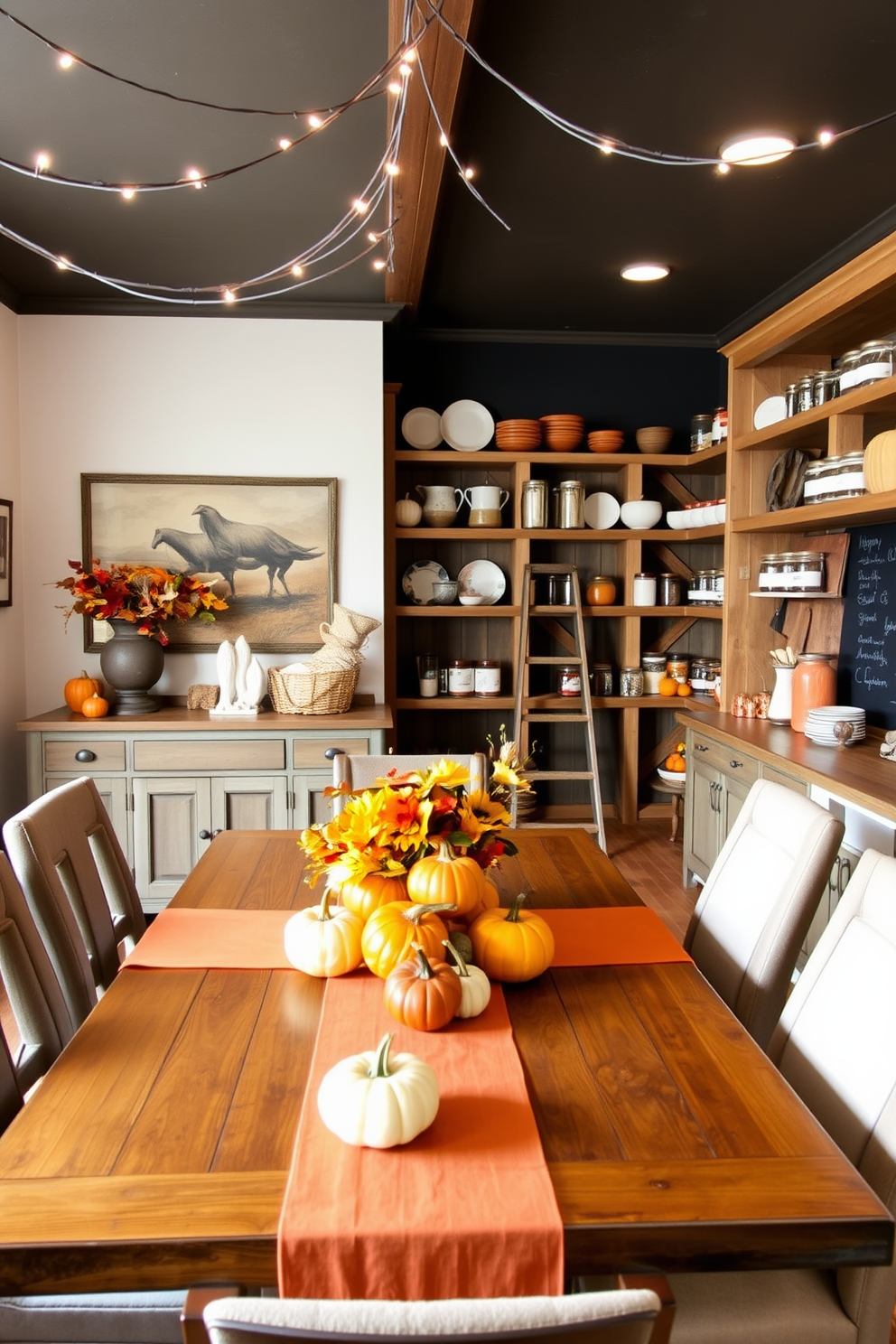 Seasonal decor for a fresh look. The dining room features a large wooden table adorned with a vibrant autumn centerpiece of pumpkins and gourds, complemented by warm-toned table linens. The walls are decorated with seasonal artwork, and string lights are draped across the ceiling to create a cozy atmosphere. A sideboard displays a collection of seasonal candles and decorative plates that enhance the festive feel. Dining Room Pantry Design Ideas. The pantry is designed with open shelving made of reclaimed wood, showcasing neatly organized jars of dry goods and decorative canisters. A small ladder is placed against the shelves for easy access to higher items, while a chalkboard wall allows for easy labeling and meal planning.