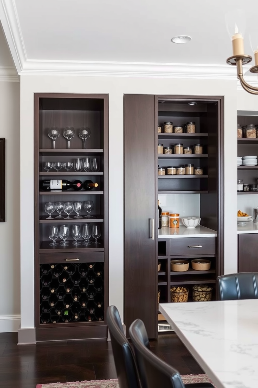 A chic dining room featuring built-in wine racks seamlessly integrated into the cabinetry. The racks are made of dark wood, elegantly displaying a curated selection of fine wines alongside stylish glassware. Adjacent to the dining area, a spacious pantry designed with open shelving and hidden storage solutions. The pantry combines functionality with aesthetics, featuring a sleek countertop for meal prep and decorative jars for dry goods.