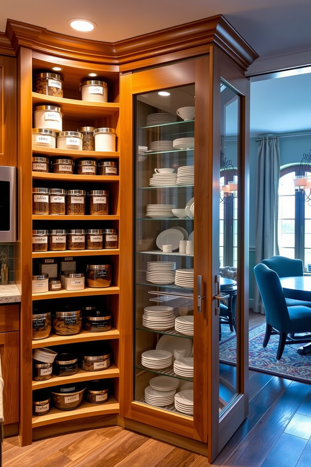 A corner pantry with rotating shelves that maximizes storage space and accessibility. The shelves are organized with labeled containers, and the pantry features a warm wood finish that complements the adjacent kitchen. In the dining room, the pantry design includes elegant glass doors that showcase neatly arranged dishware and pantry essentials. Soft lighting highlights the interior, creating an inviting atmosphere for entertaining guests.